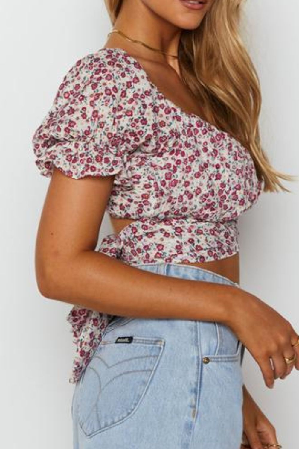 Boho Flower Print Ruffle Trim Off-Shoulder Back Tie Blouse