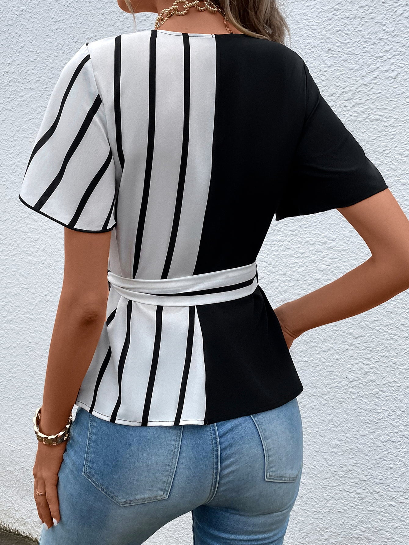 Boho Wrap Black and White Waist Tie Flutter Sleeve Blouse