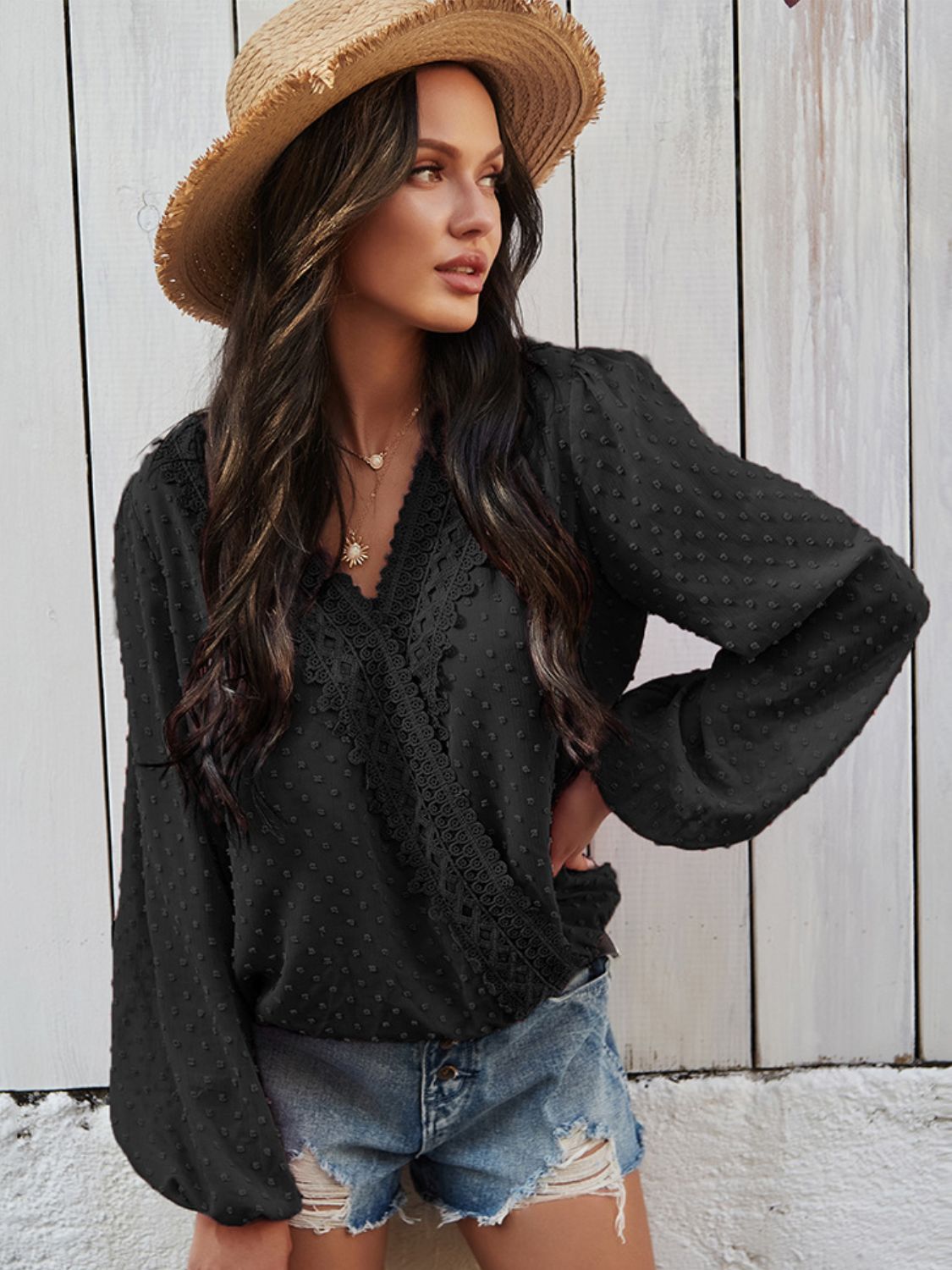 Black Boho Swiss Dot Balloon Sleeve Top