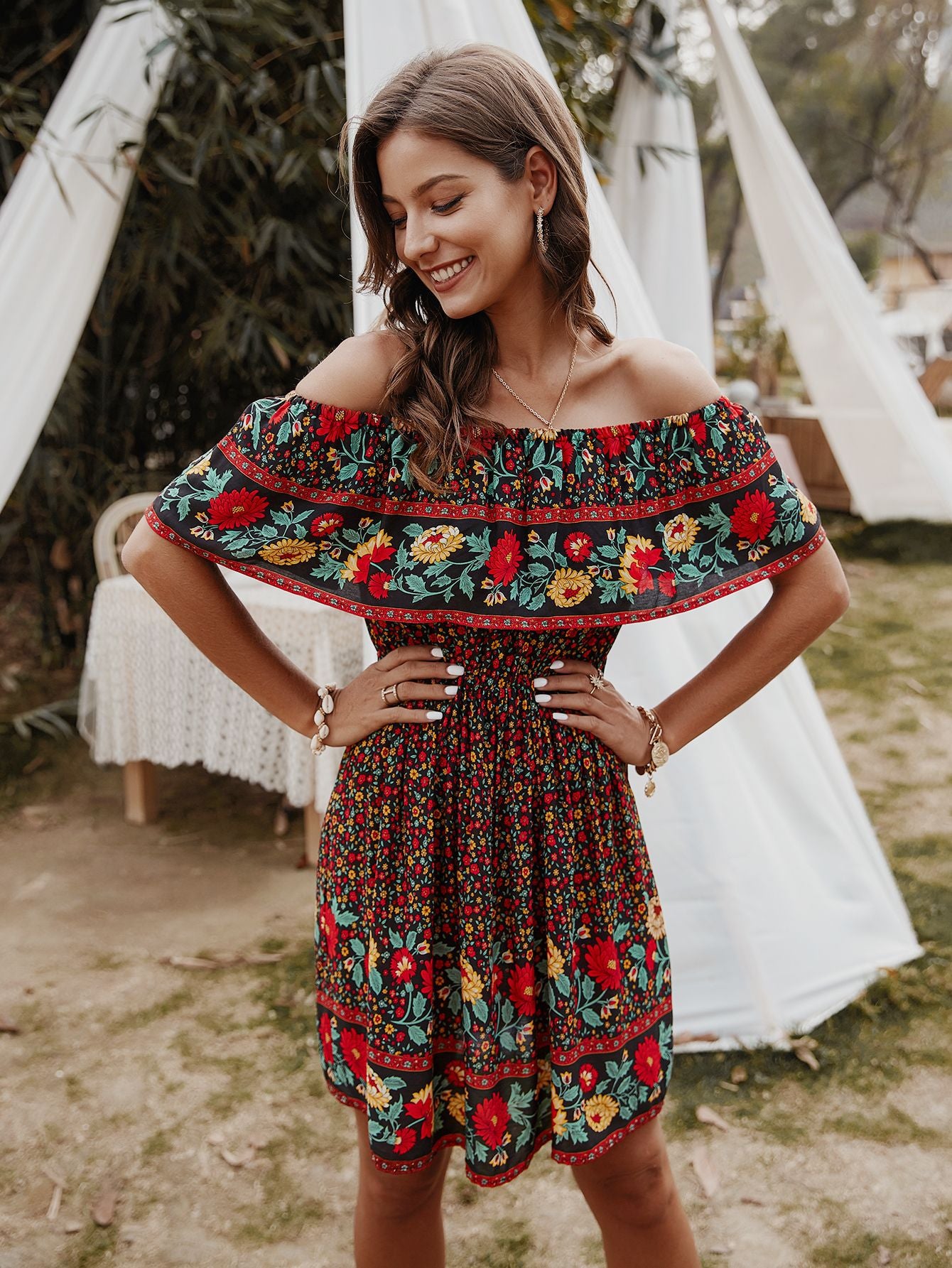 Carrie Bohemian Print Off-Shoulder Strapless Knee Length Dress