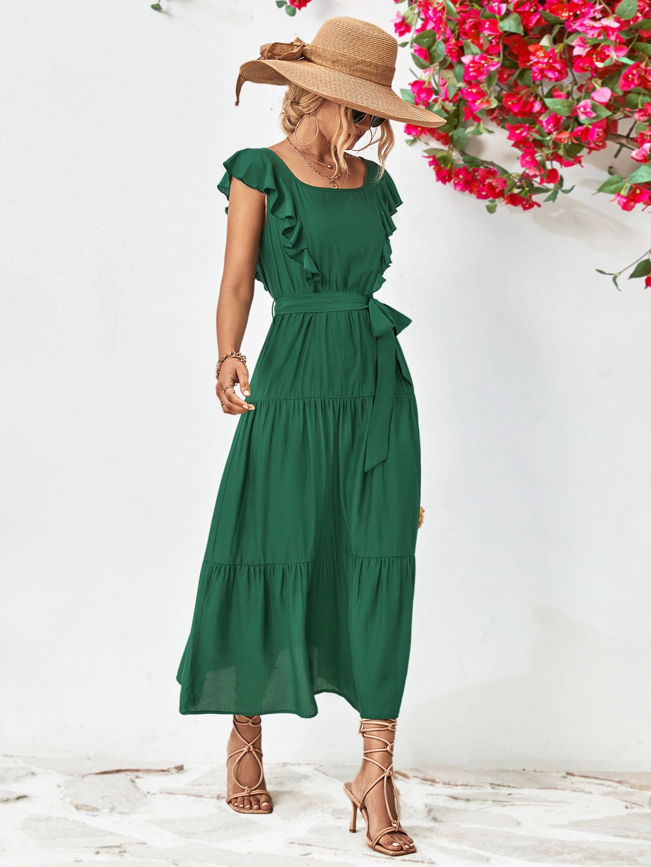 Evelyn Bohemian Tie Belt Ruffle Tier Midi Dress