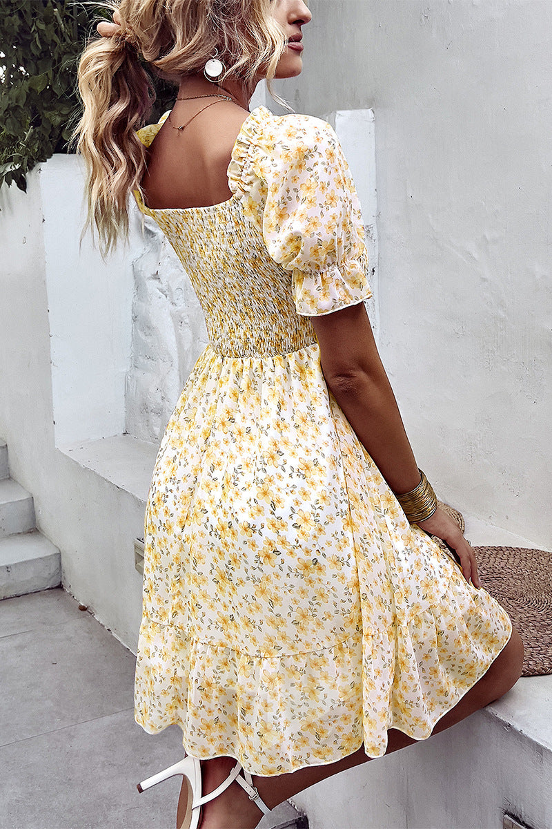 Rebecca Floral Smocked Square Neck Flounce Sleeve Dress