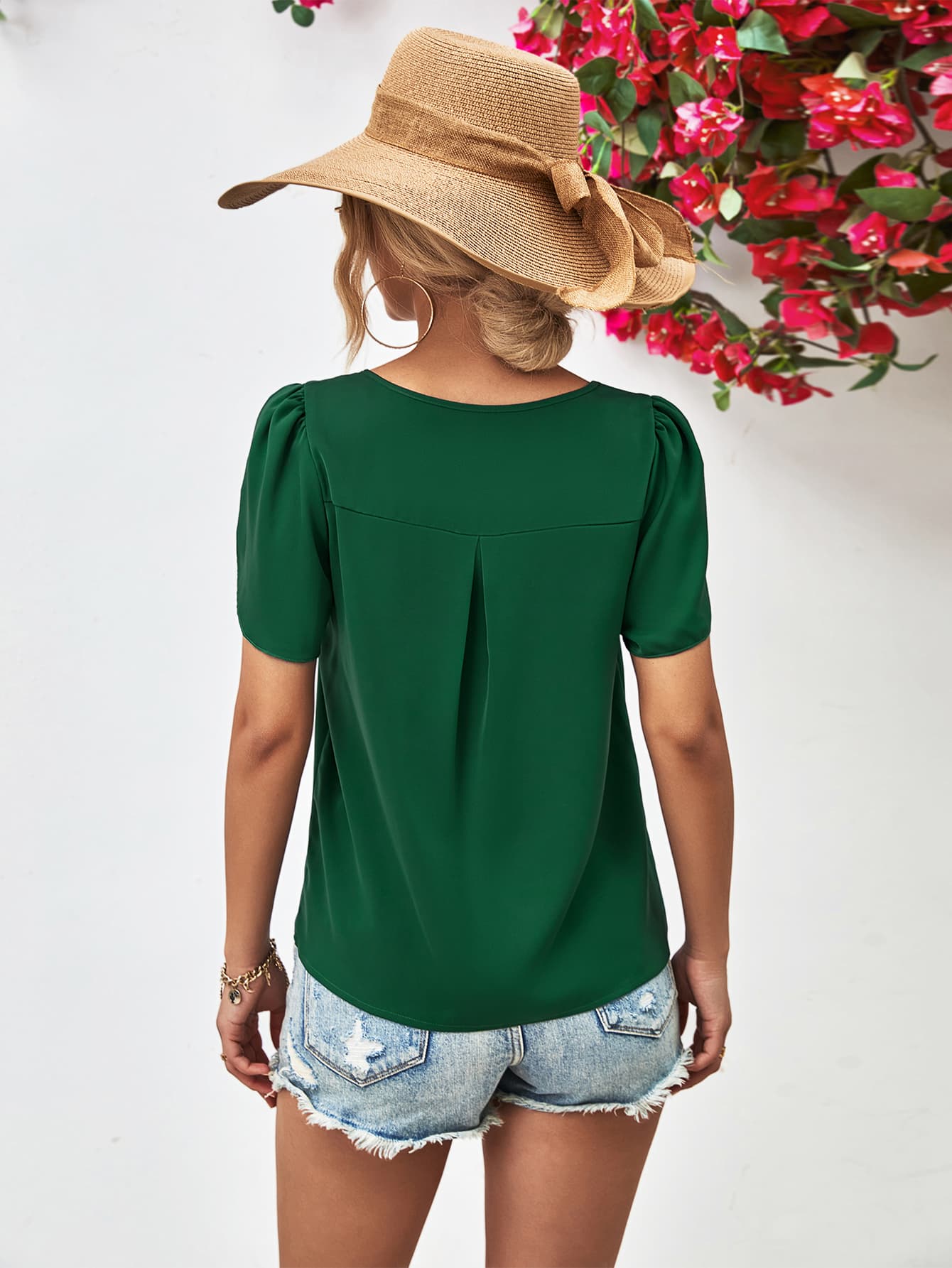 Cutout Keyhole Round Neck Petal Sleeve Blouse
