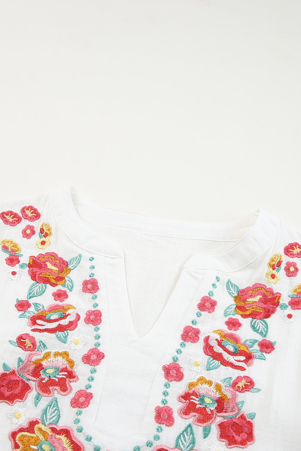 Boho Embroidered Notched Neck Flounce Sleeve Top