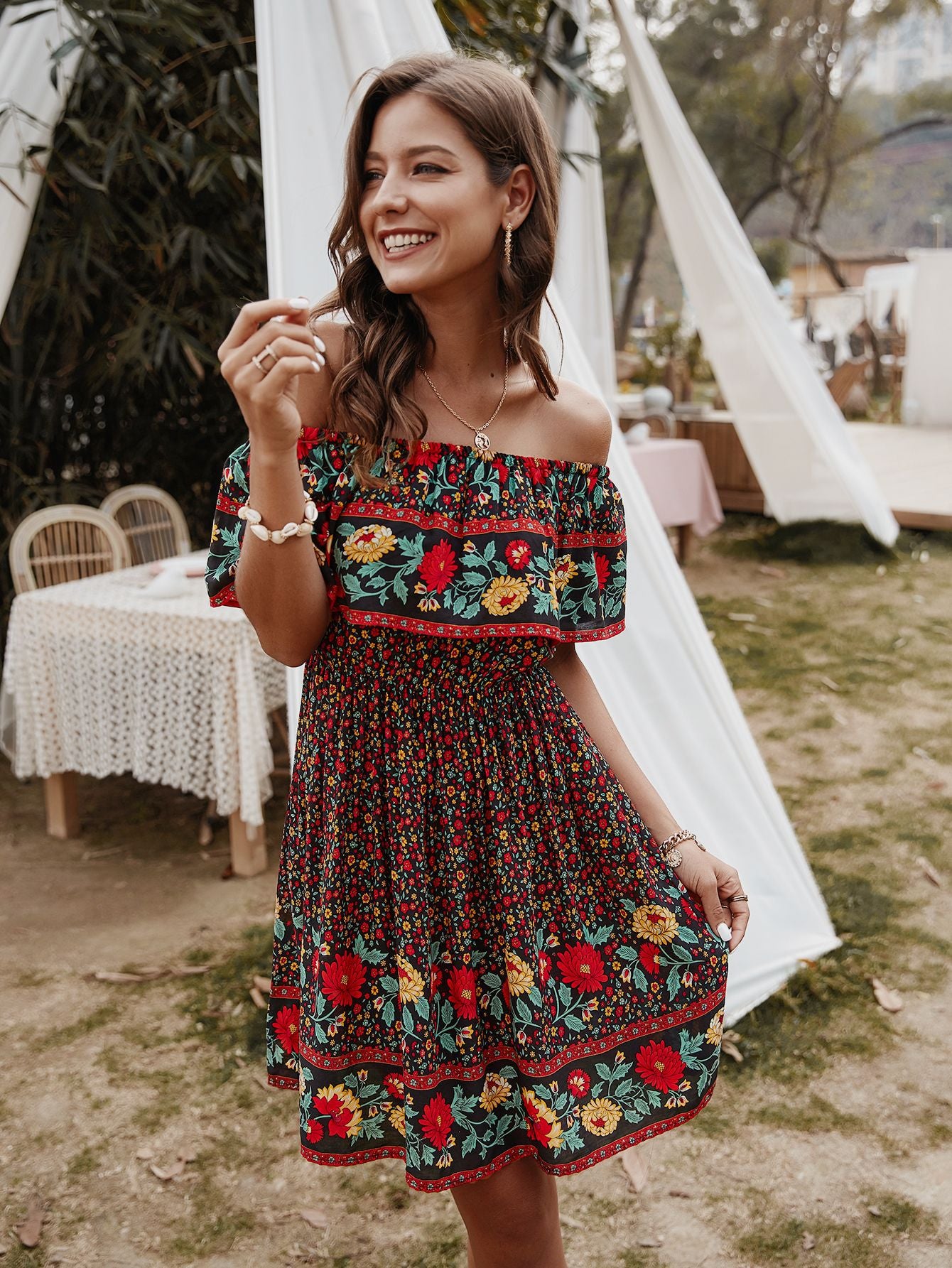 Carrie Bohemian Print Off-Shoulder Strapless Knee Length Dress
