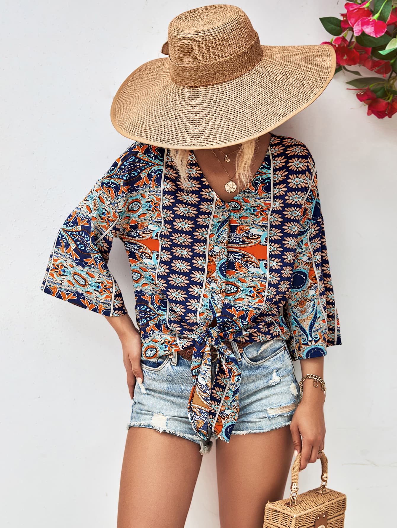 Beverly Paisley Boho Tie Hem V-Neck Three-Quarter Sleeve Blouse