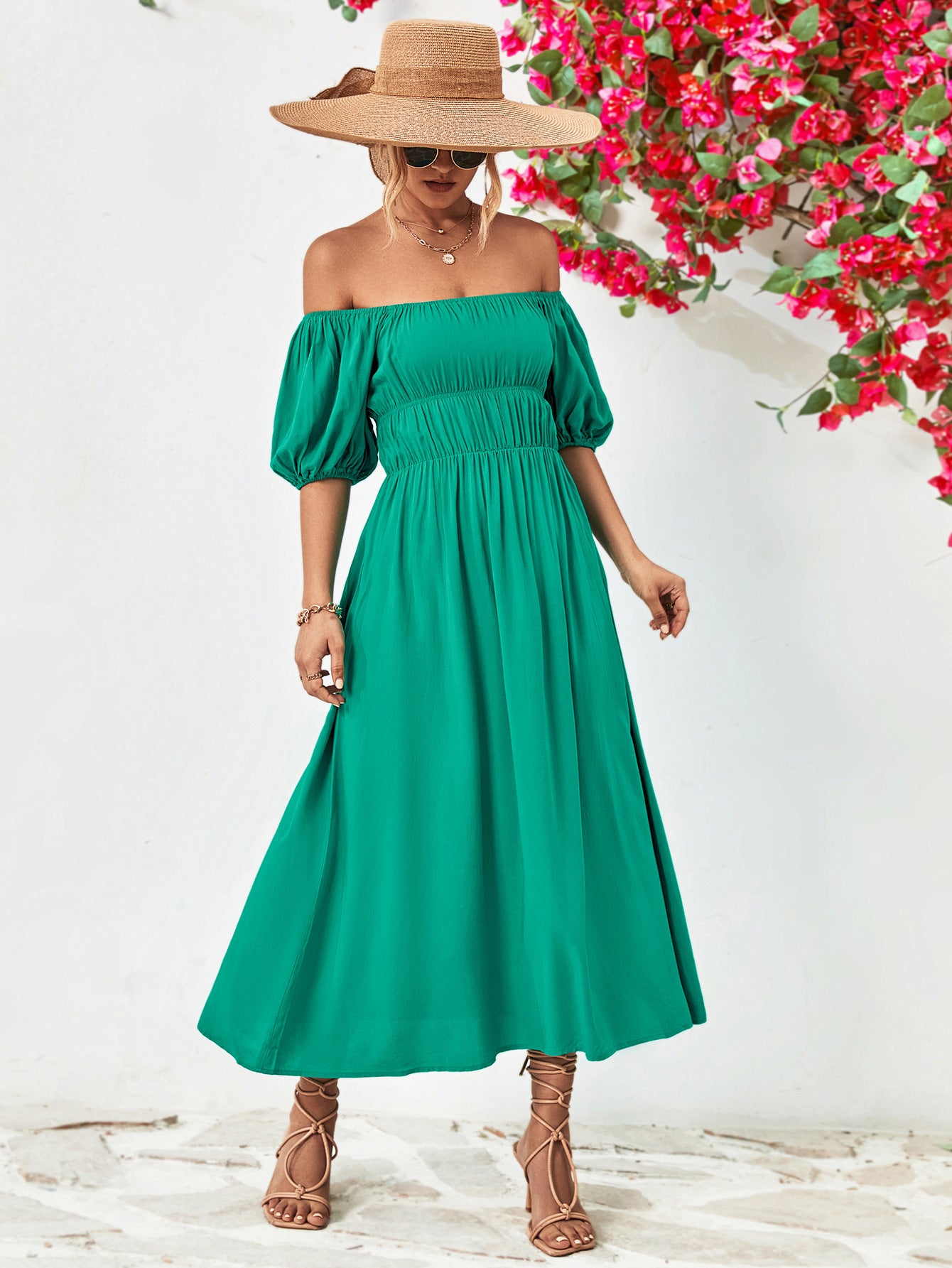 Hillary Boho Off the Shoulder Balloon Sleeve Midi Dress