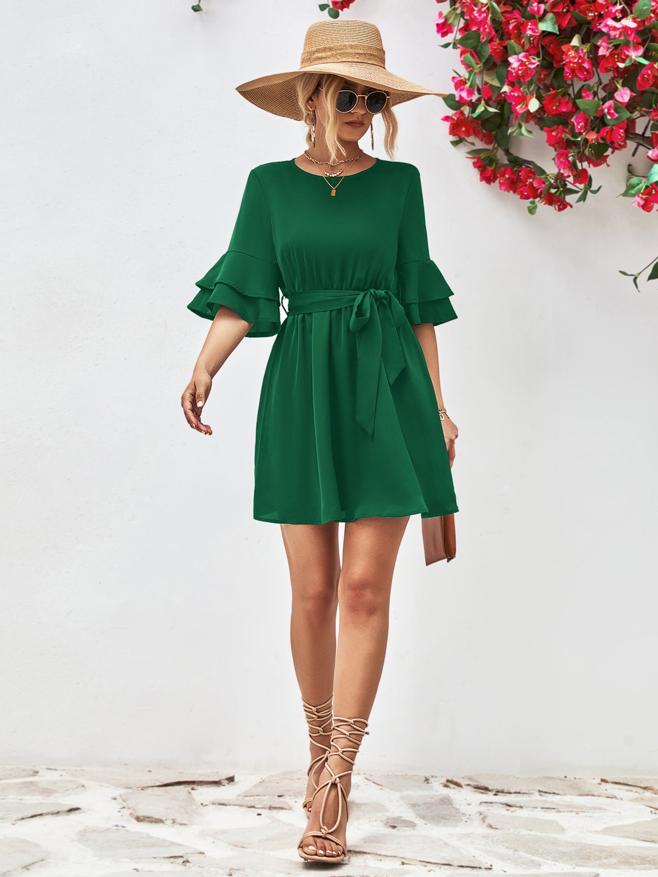 Charlie Round Neck Tie Belt Flounce Sleeve Dress