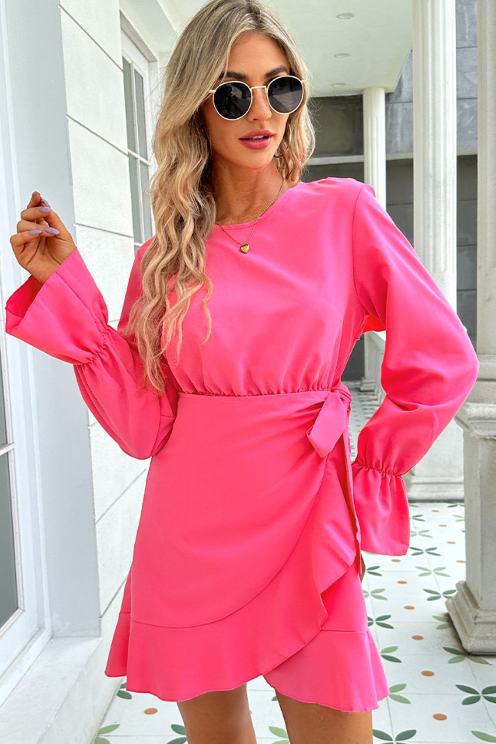 Betty Hot Pink Round Neck Flounce Sleeve Ruffle Hem Mini Dress