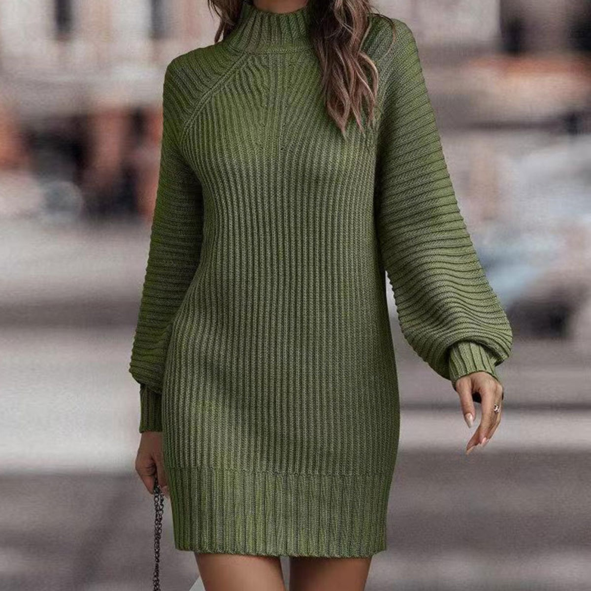 Bohemian Ribbed Mock Neck Lantern Sleeve Sweater Dress