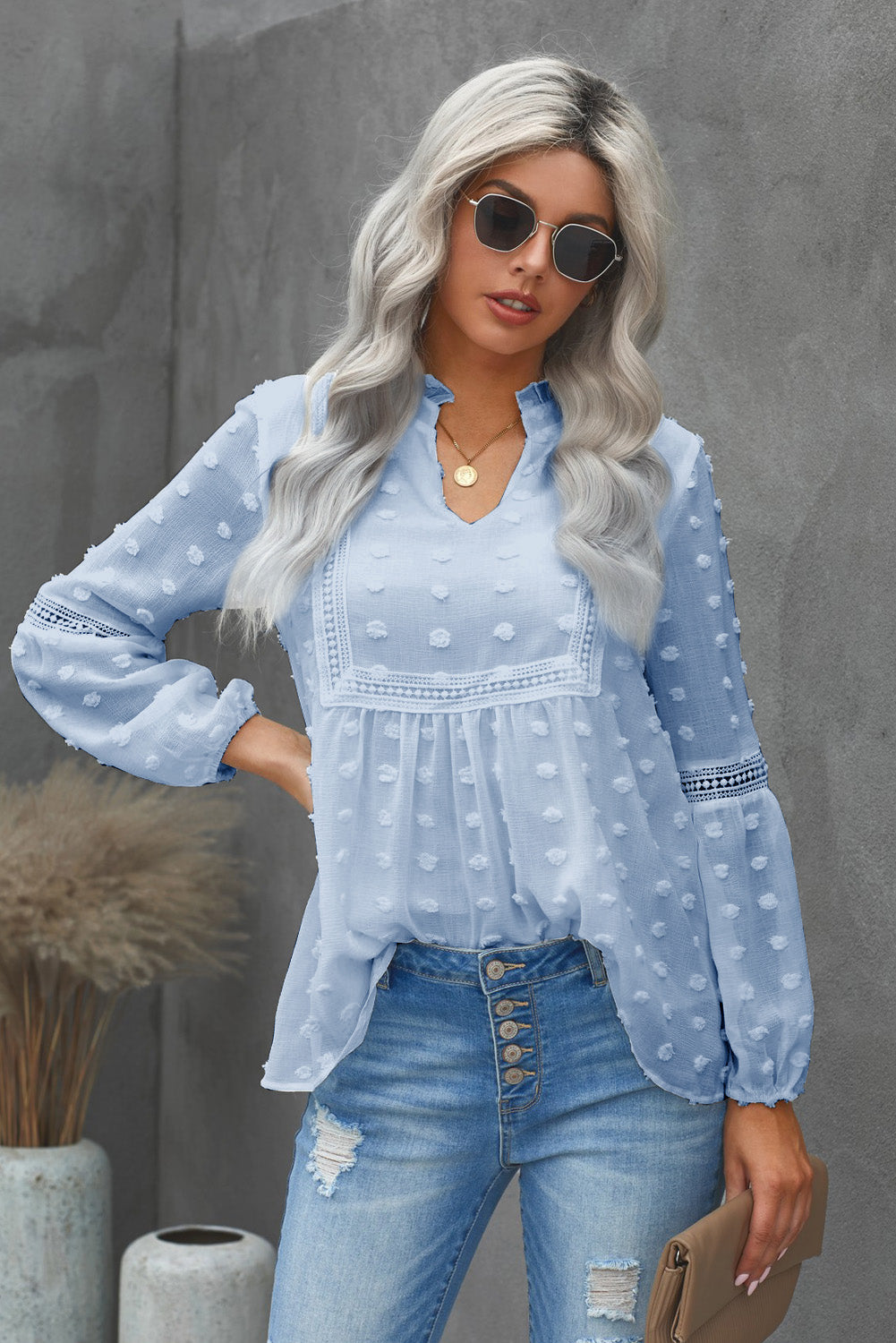 Boho Swiss Dot Frilled Notched Neck Blouse