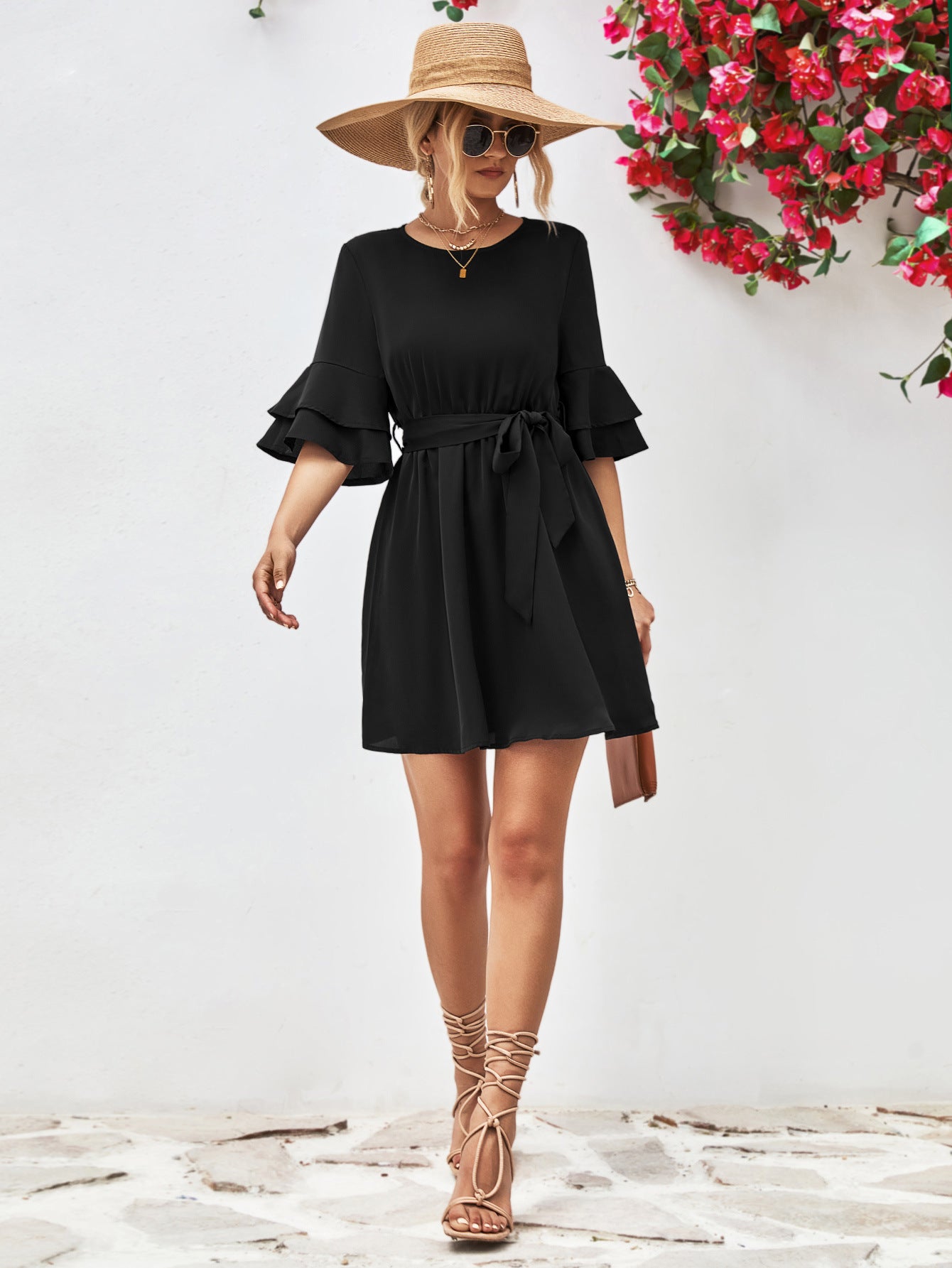 Charlie Round Neck Tie Belt Flounce Sleeve Dress