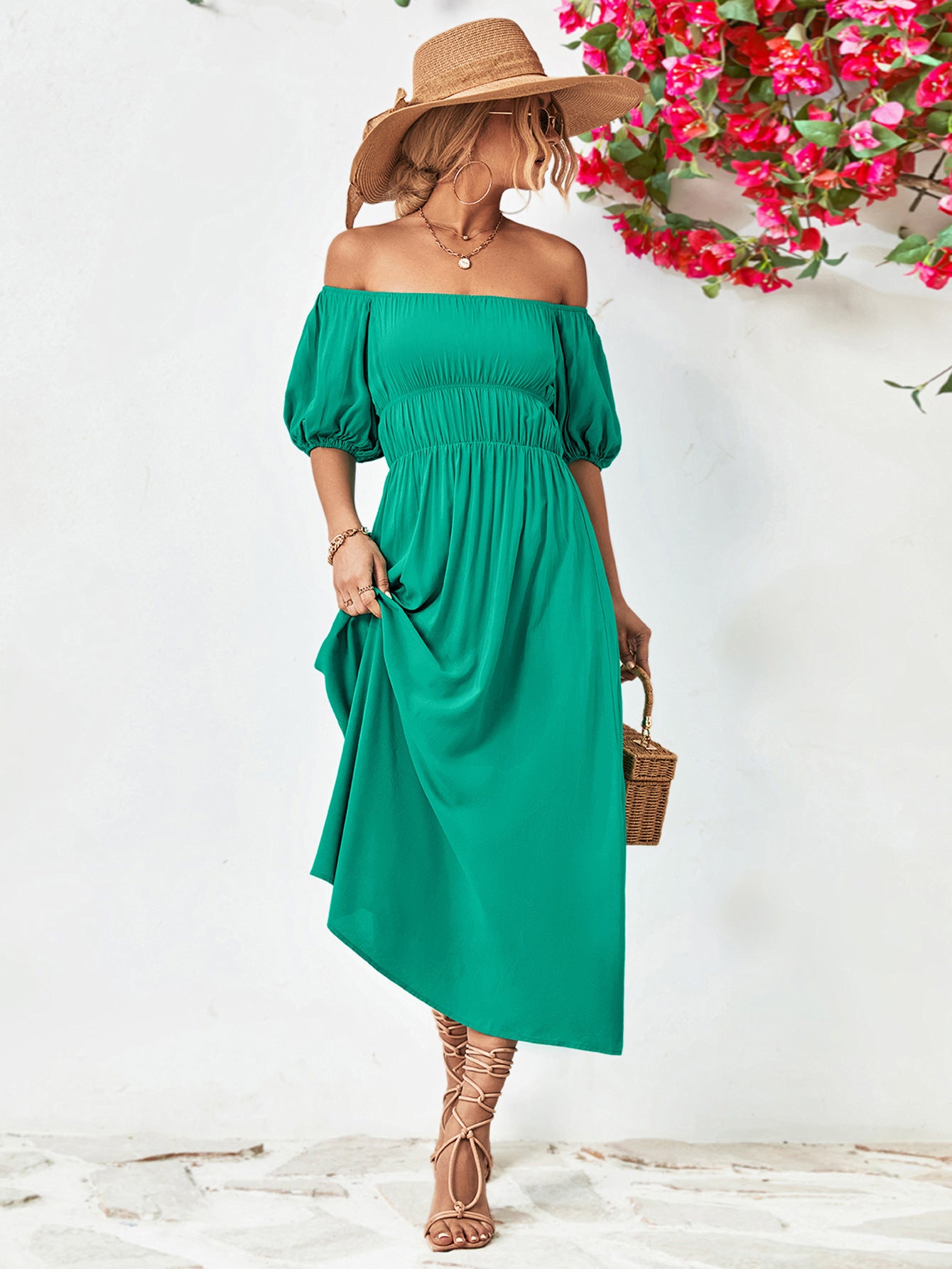 Hillary Boho Off the Shoulder Balloon Sleeve Midi Dress
