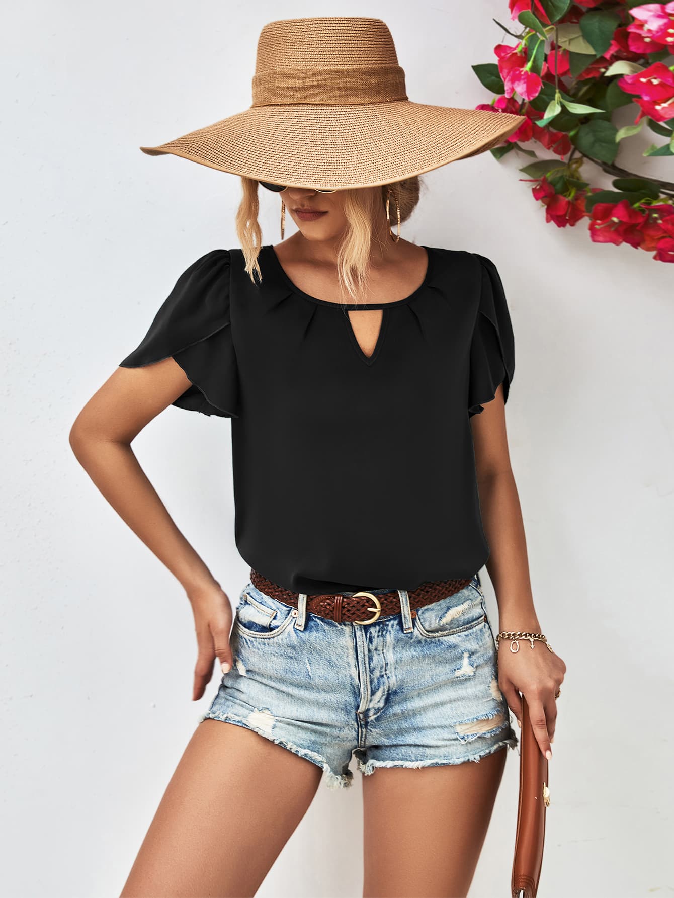 Cutout Keyhole Round Neck Petal Sleeve Blouse