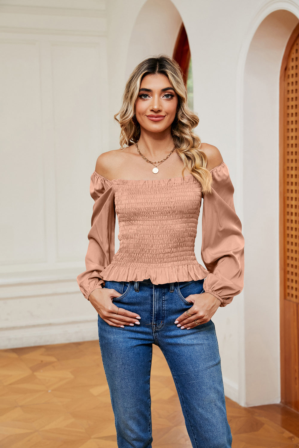 Bohemian Smocked Off the Shoulder Ruffle Hem Blouse