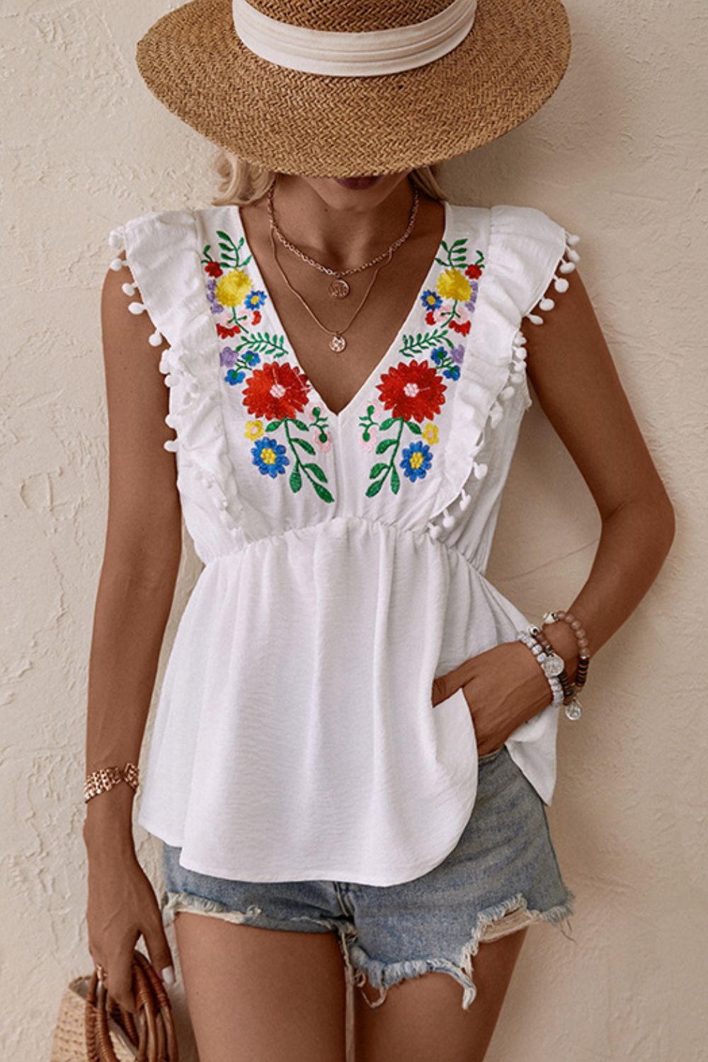 Boho Embroidered Pom-Pom Trim Cap Sleeve Babydoll Top