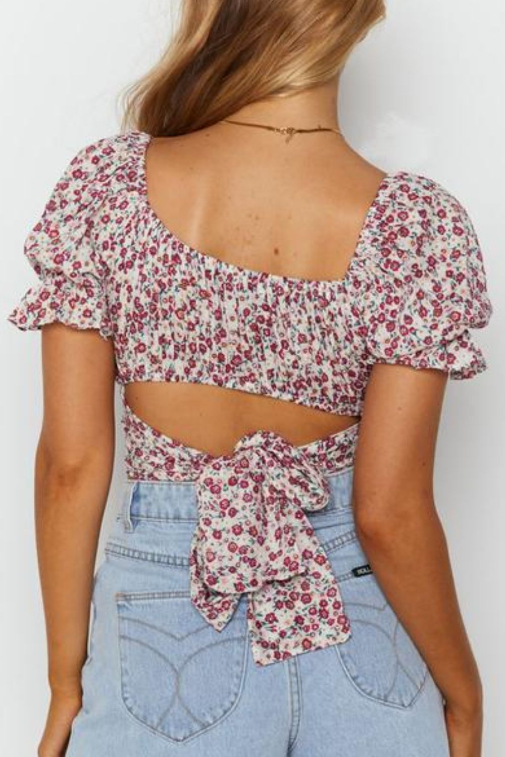 Boho Flower Print Ruffle Trim Off-Shoulder Back Tie Blouse