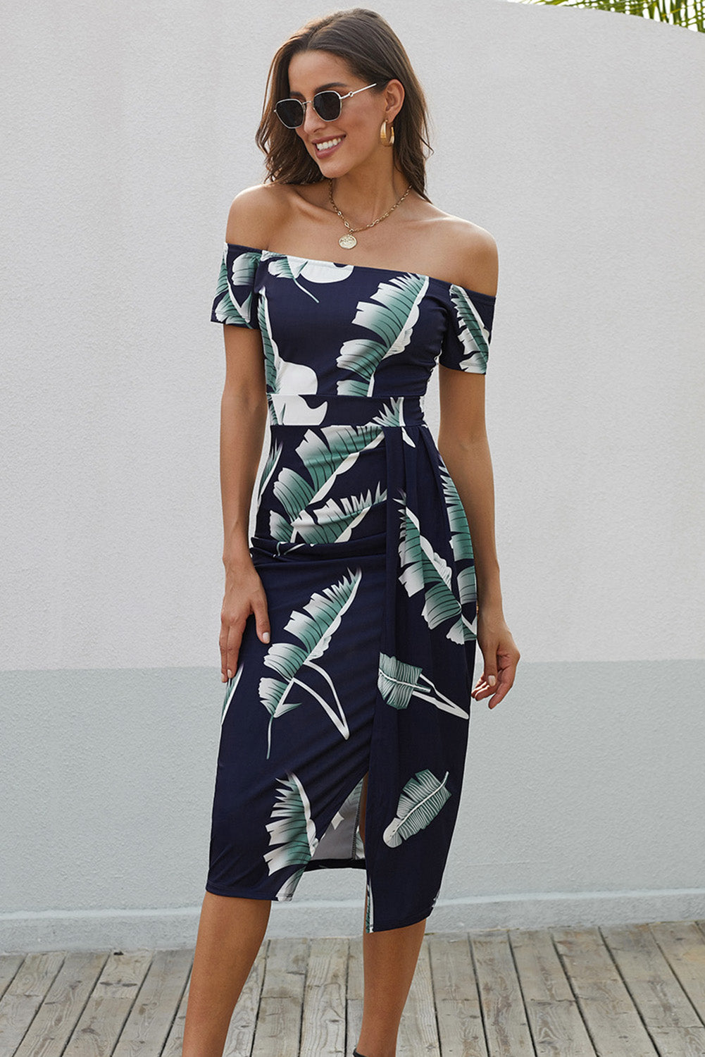 Printed Off-Shoulder Split Midi Dress