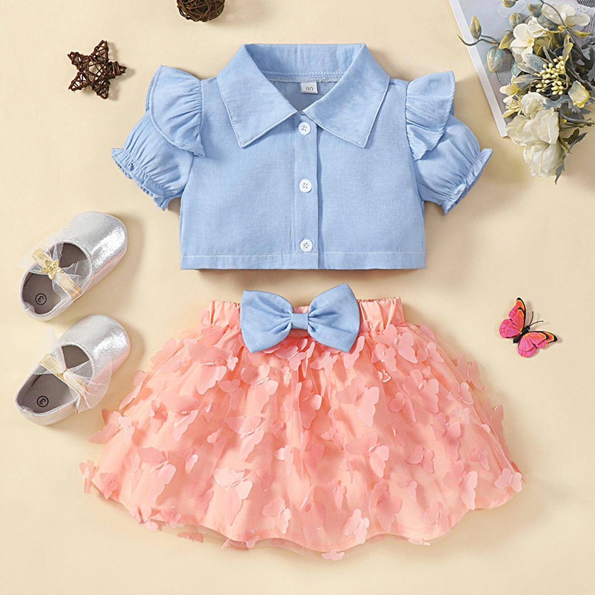 Little Girls - Big Girls Bohemian Ruffle Shoulder Shirt and Butterfly Applique Skirt Set