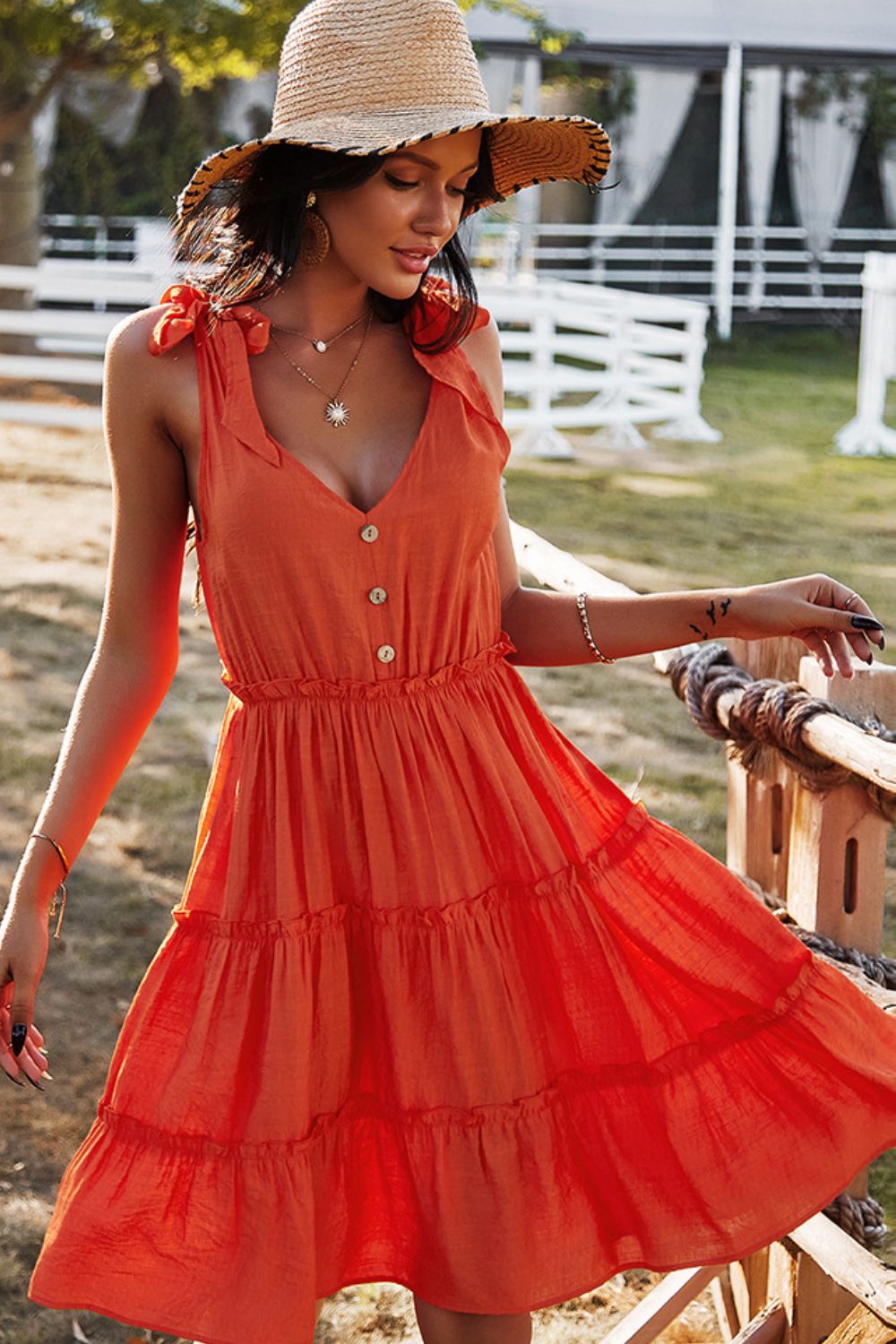 Davina Tie-Shoulder Decorative Button V-Neck Dress