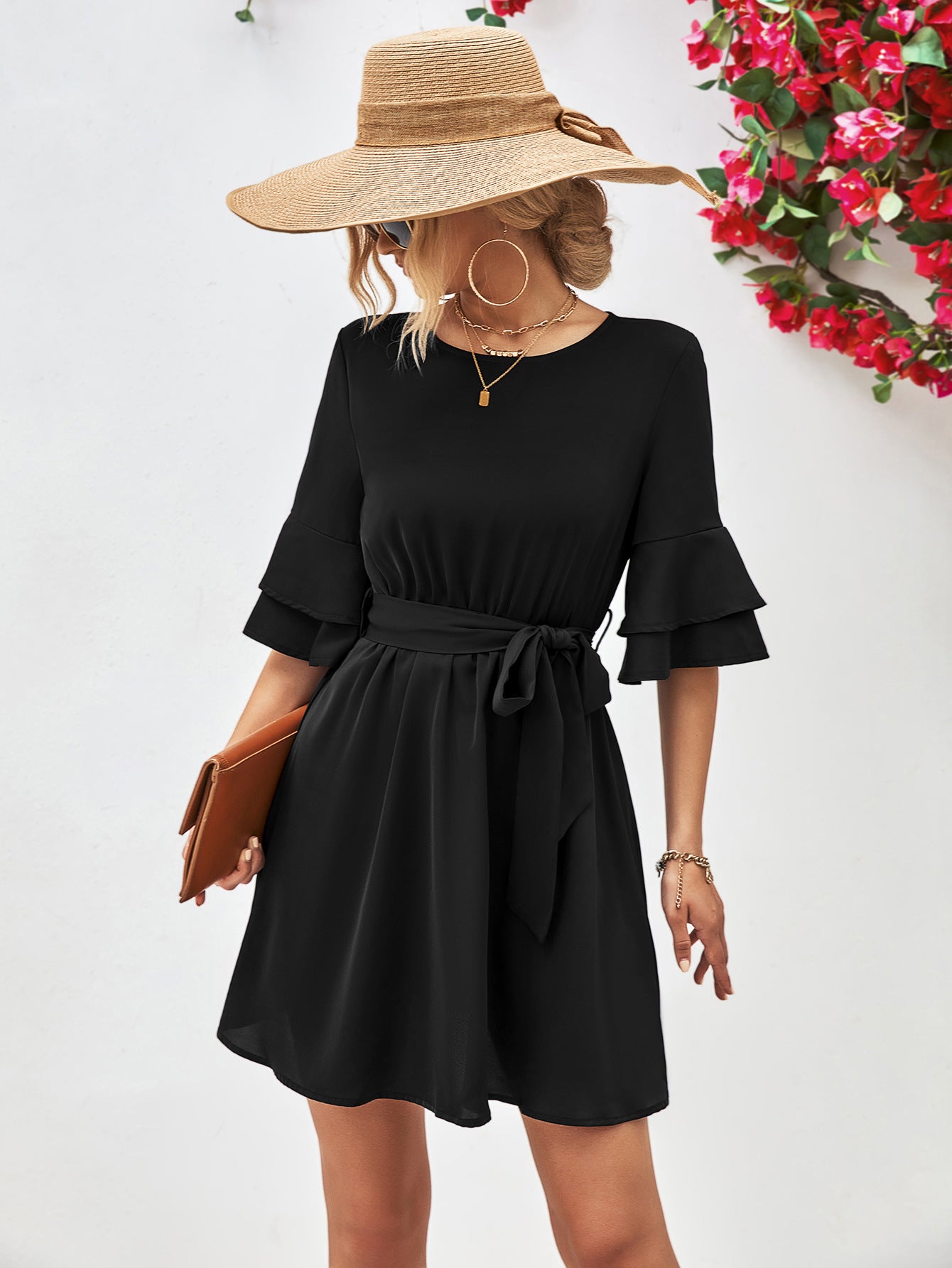 Charlie Round Neck Tie Belt Flounce Sleeve Dress