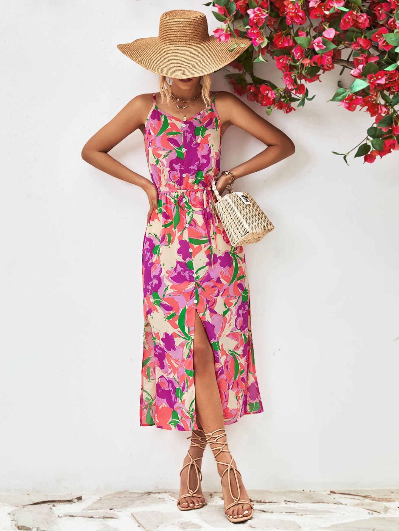 Gia Floral Printed Spaghetti Strap Front Slit Midi Dress