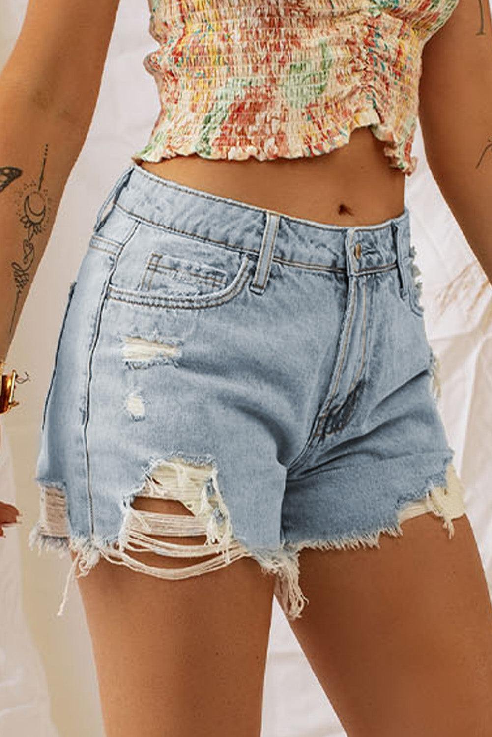 Distressed Mid-Rise Light Denim Shorts