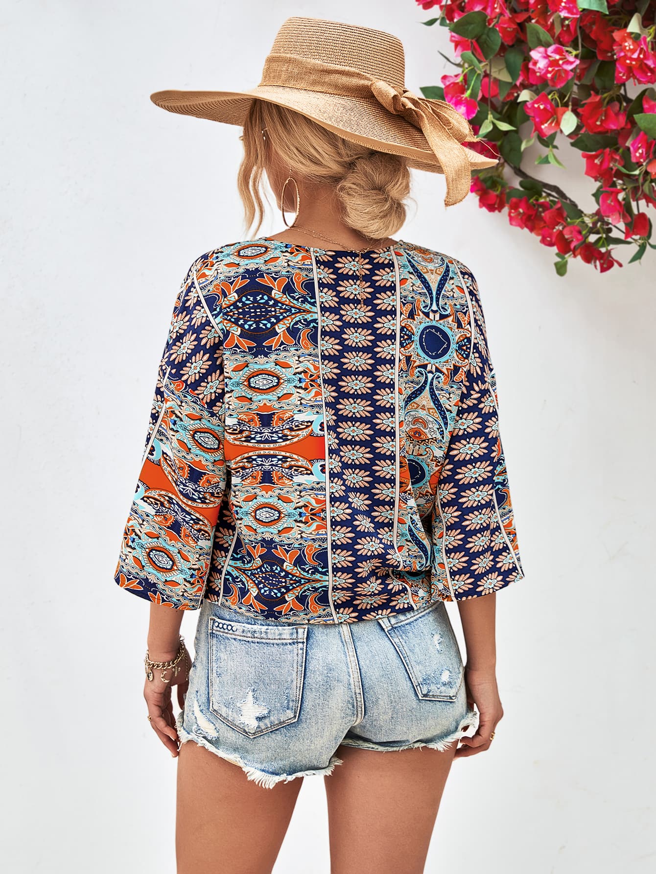 Beverly Paisley Boho Tie Hem V-Neck Three-Quarter Sleeve Blouse