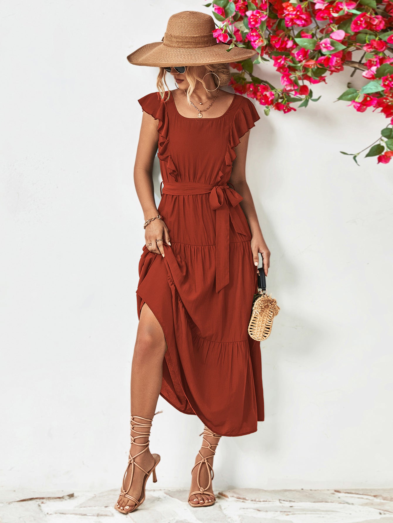 Evelyn Bohemian Tie Belt Ruffle Tier Midi Dress