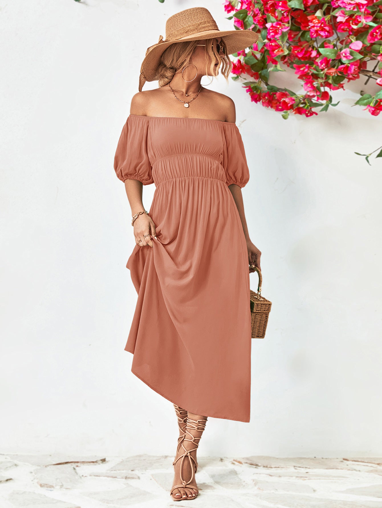 Hillary Boho Off the Shoulder Balloon Sleeve Midi Dress