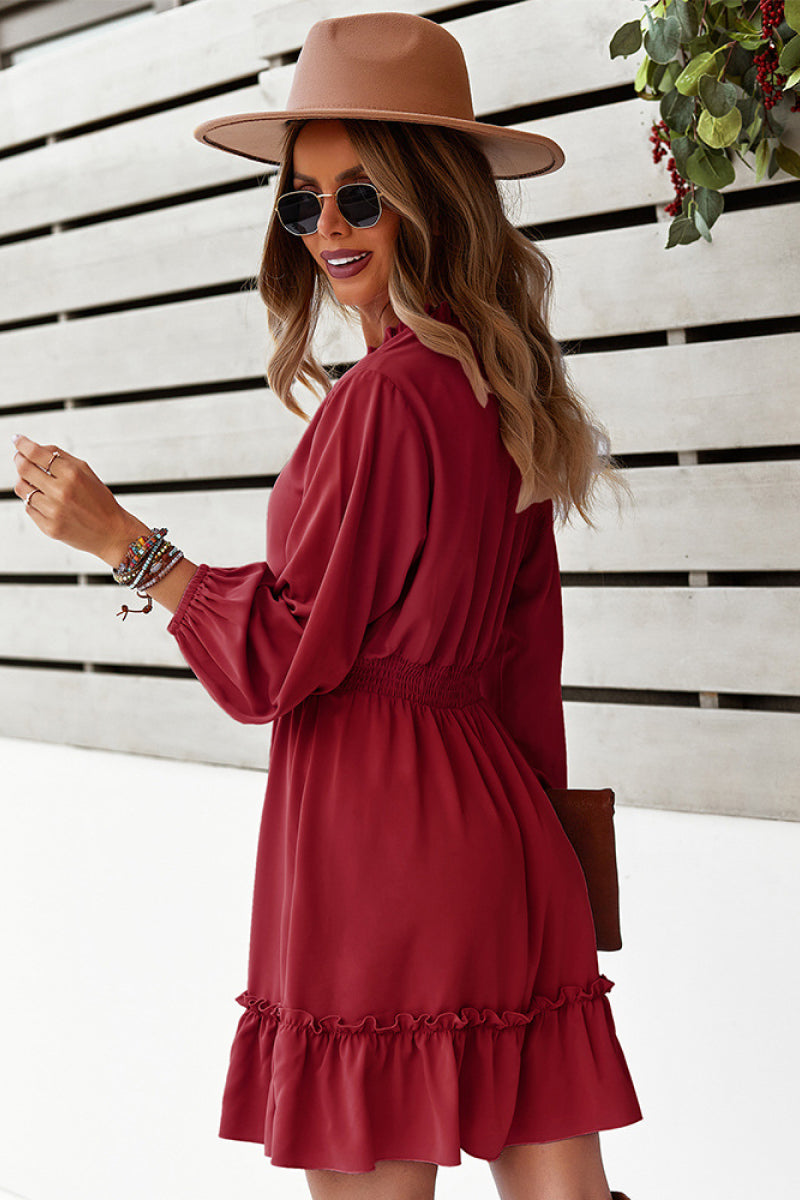 Camilla Tie Neck Smocked Waist Ruffle Hem Dress