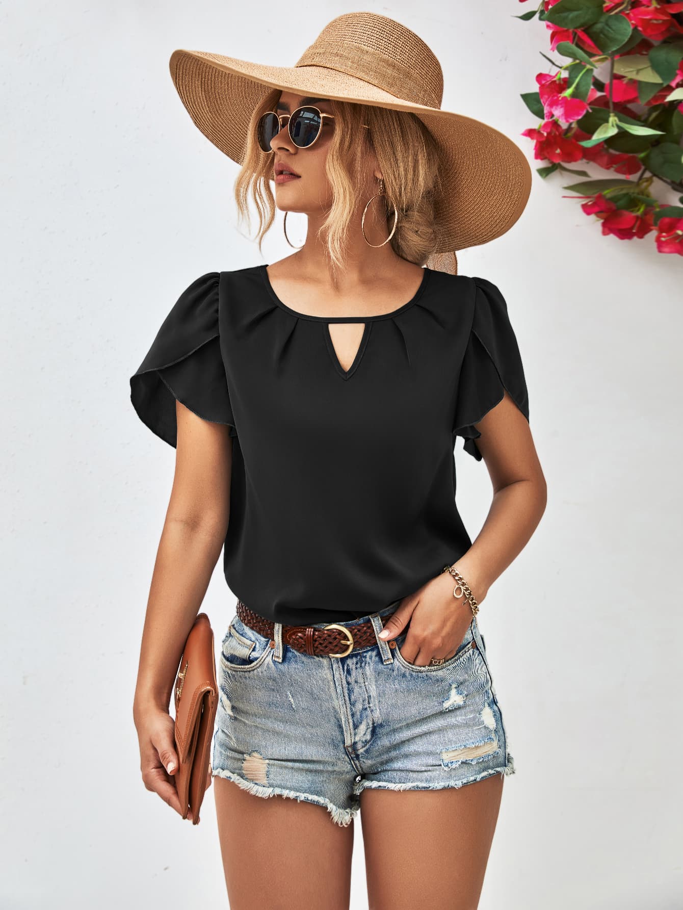 Cutout Keyhole Round Neck Petal Sleeve Blouse