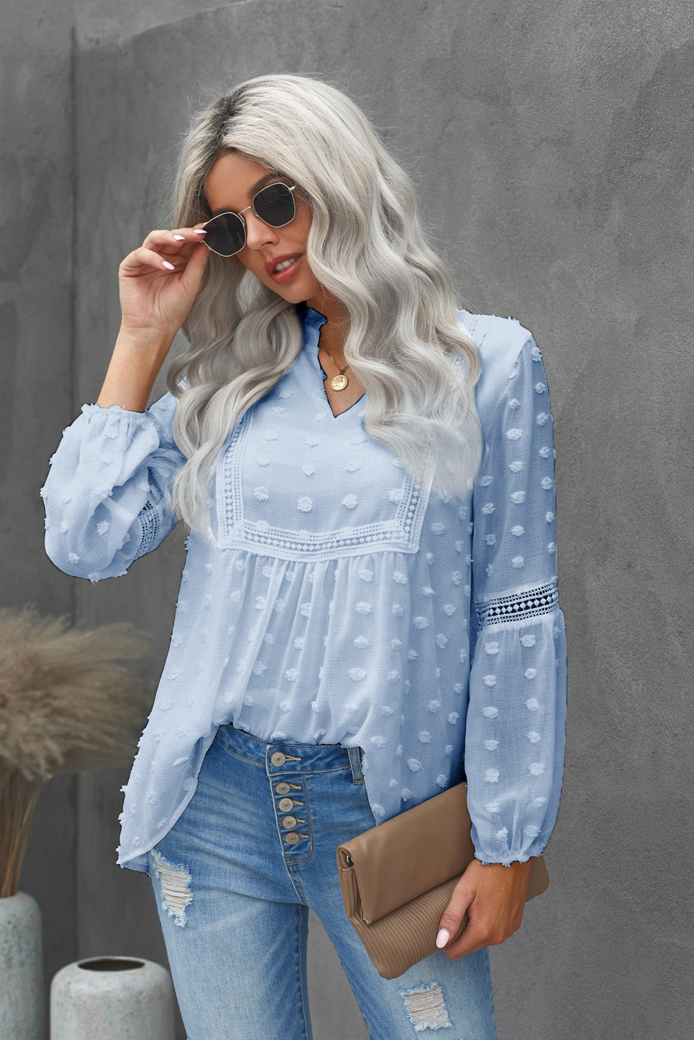 Boho Swiss Dot Frilled Notched Neck Blouse
