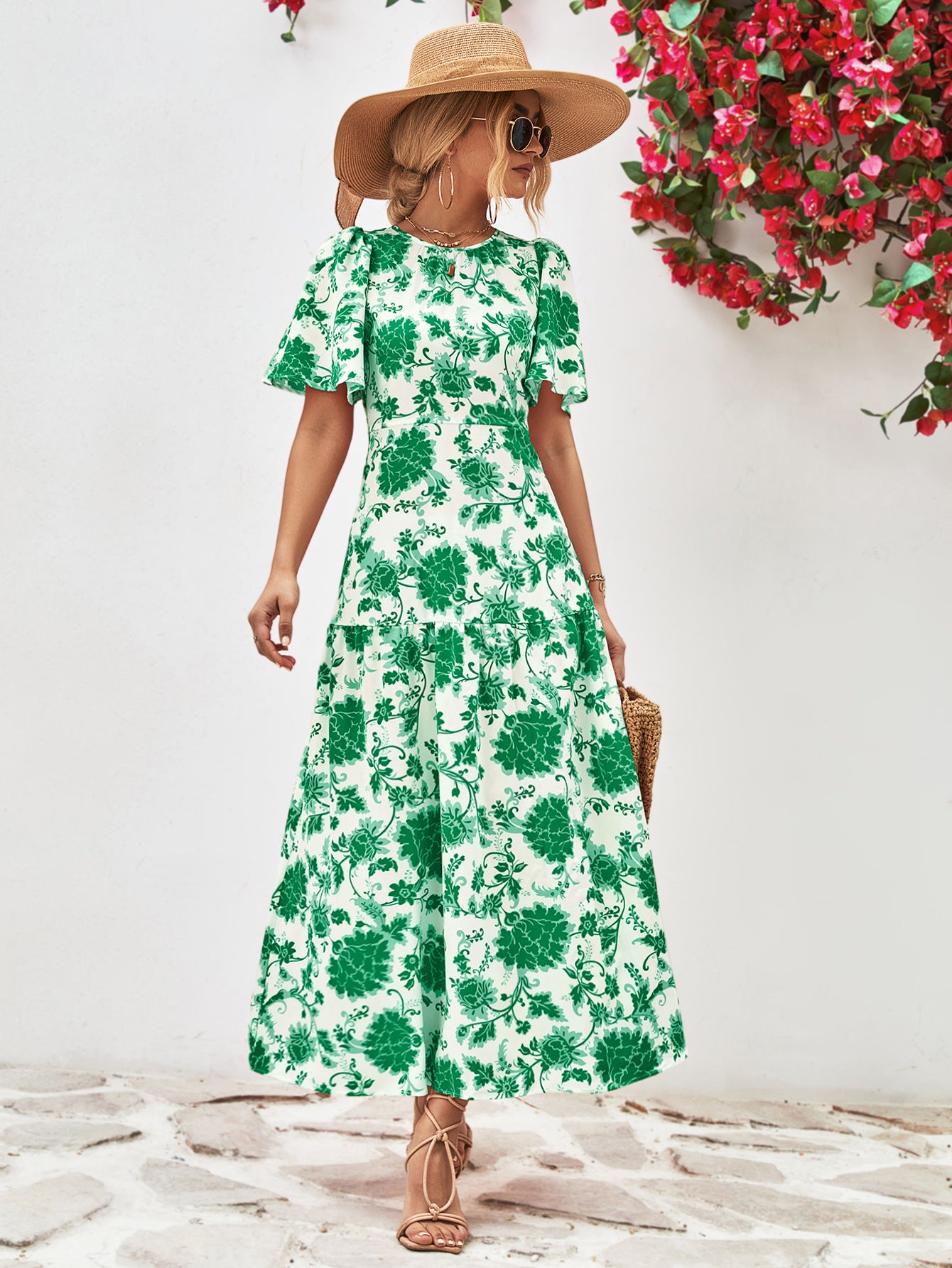 Amanda Boho Floral Round Neck Open Back Dress