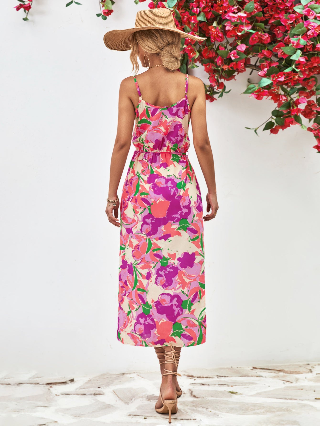 Gia Floral Printed Spaghetti Strap Front Slit Midi Dress