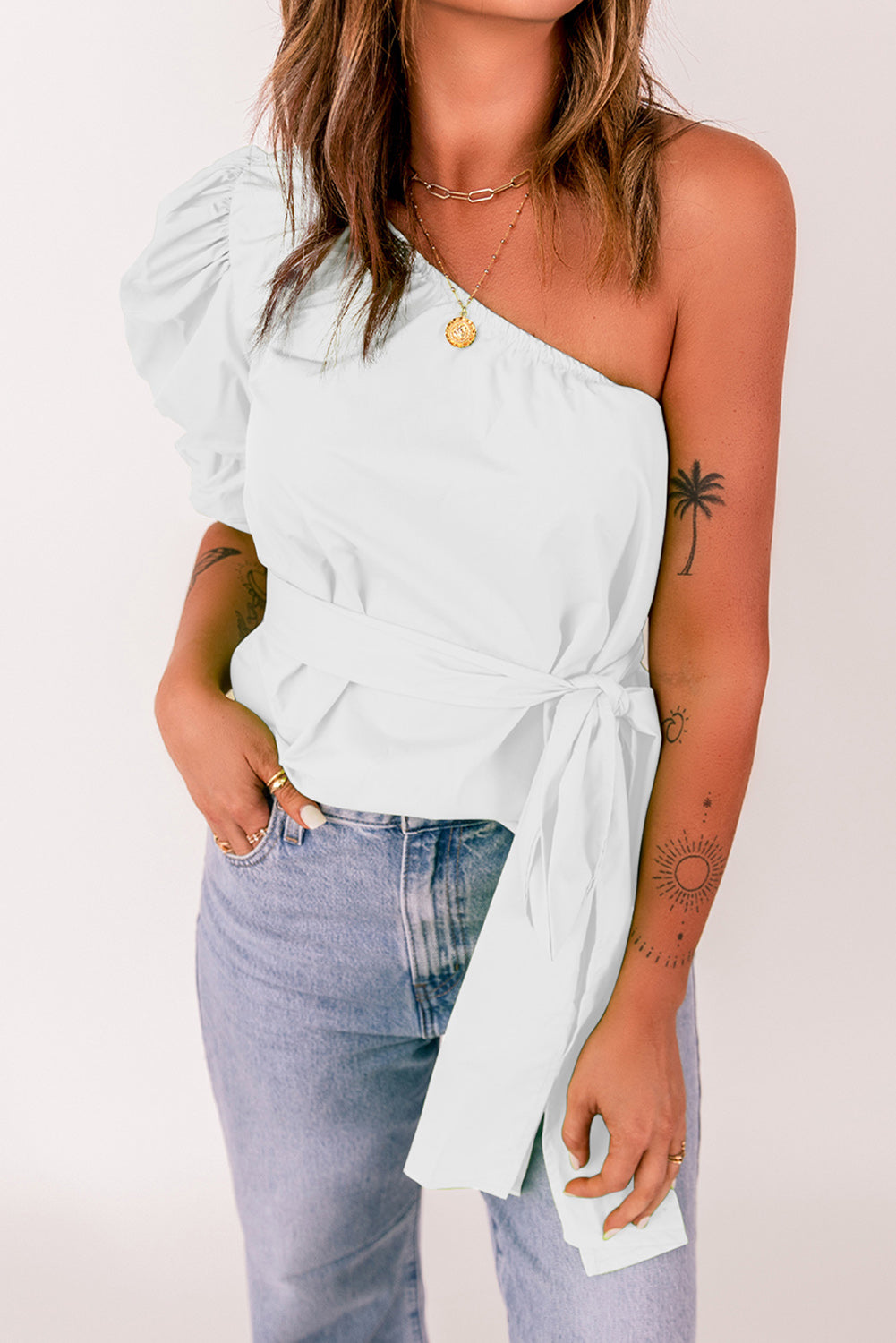 Women's Tied Puff Sleeve One-Shoulder Trendy Top