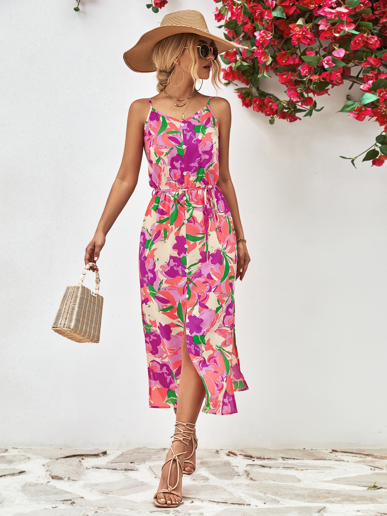 Gia Floral Printed Spaghetti Strap Front Slit Midi Dress