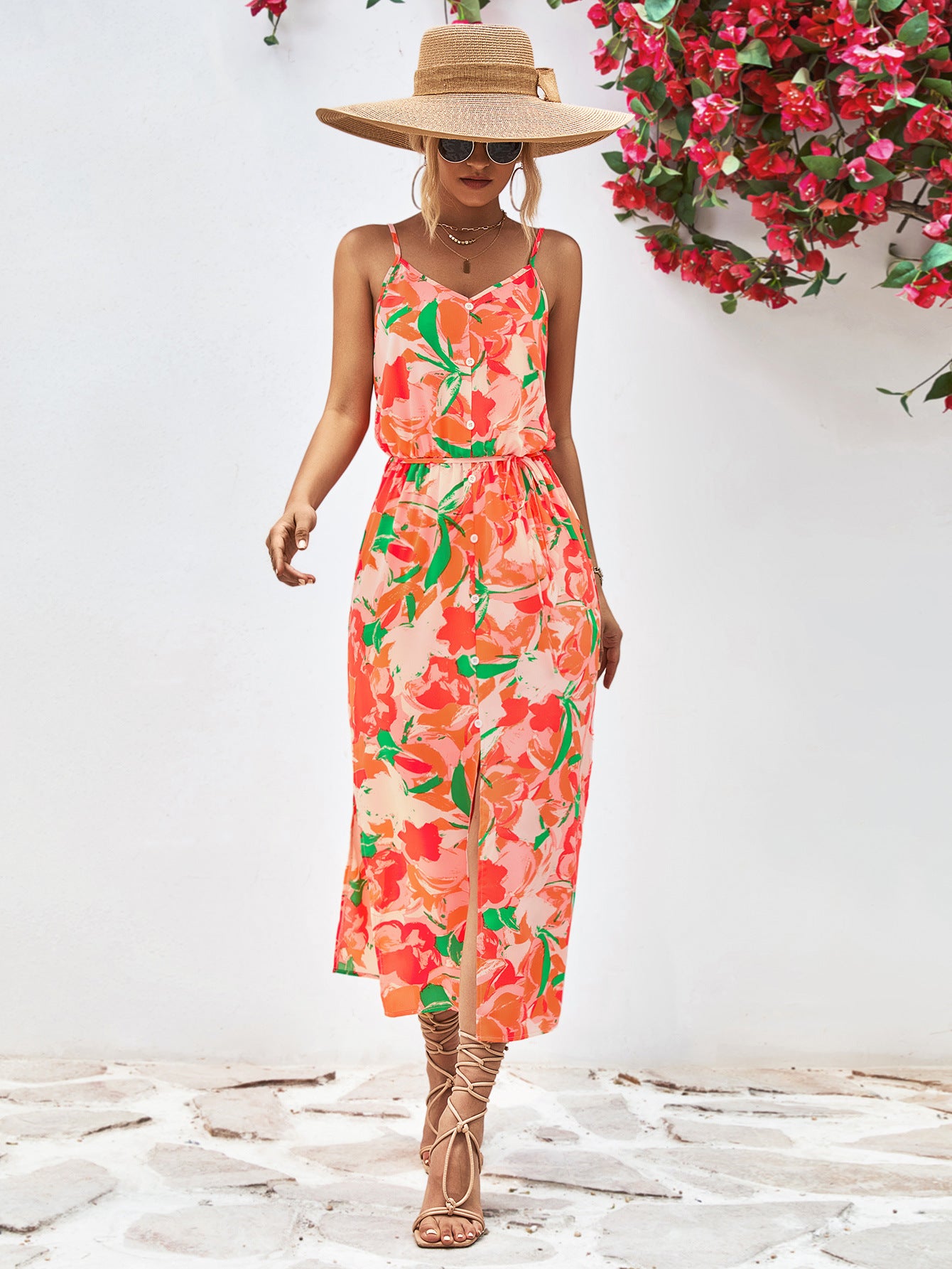 Gia Floral Printed Spaghetti Strap Front Slit Midi Dress
