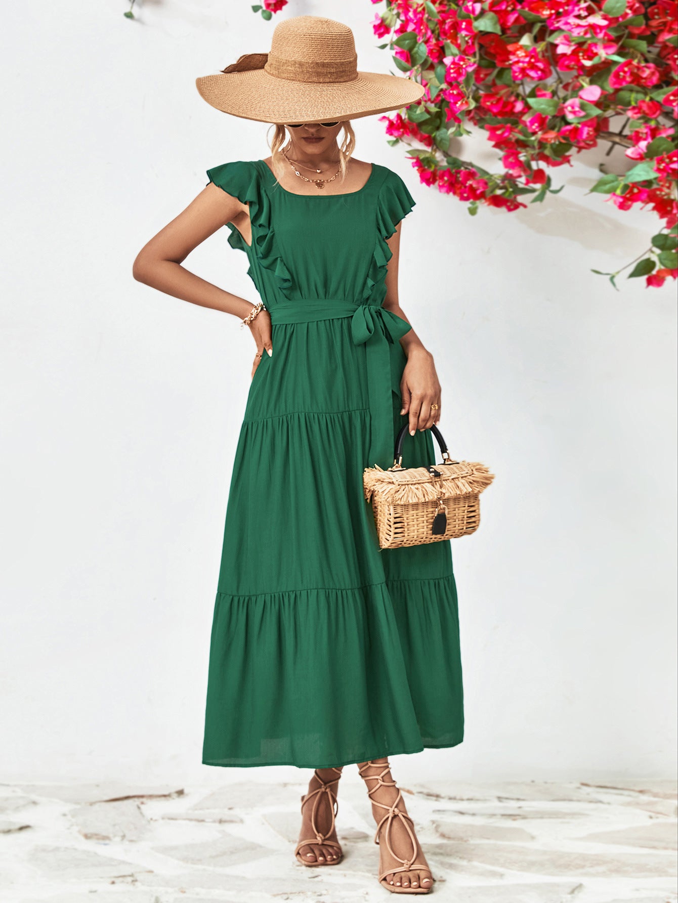 Evelyn Bohemian Tie Belt Ruffle Tier Midi Dress