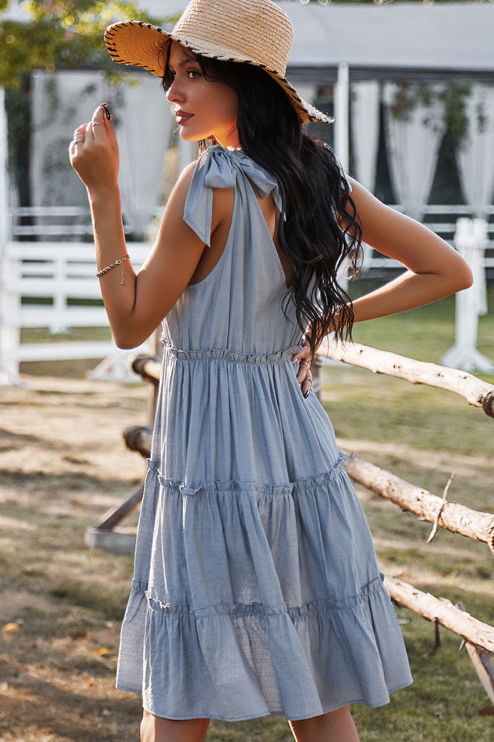 Davina Tie-Shoulder Decorative Button V-Neck Dress