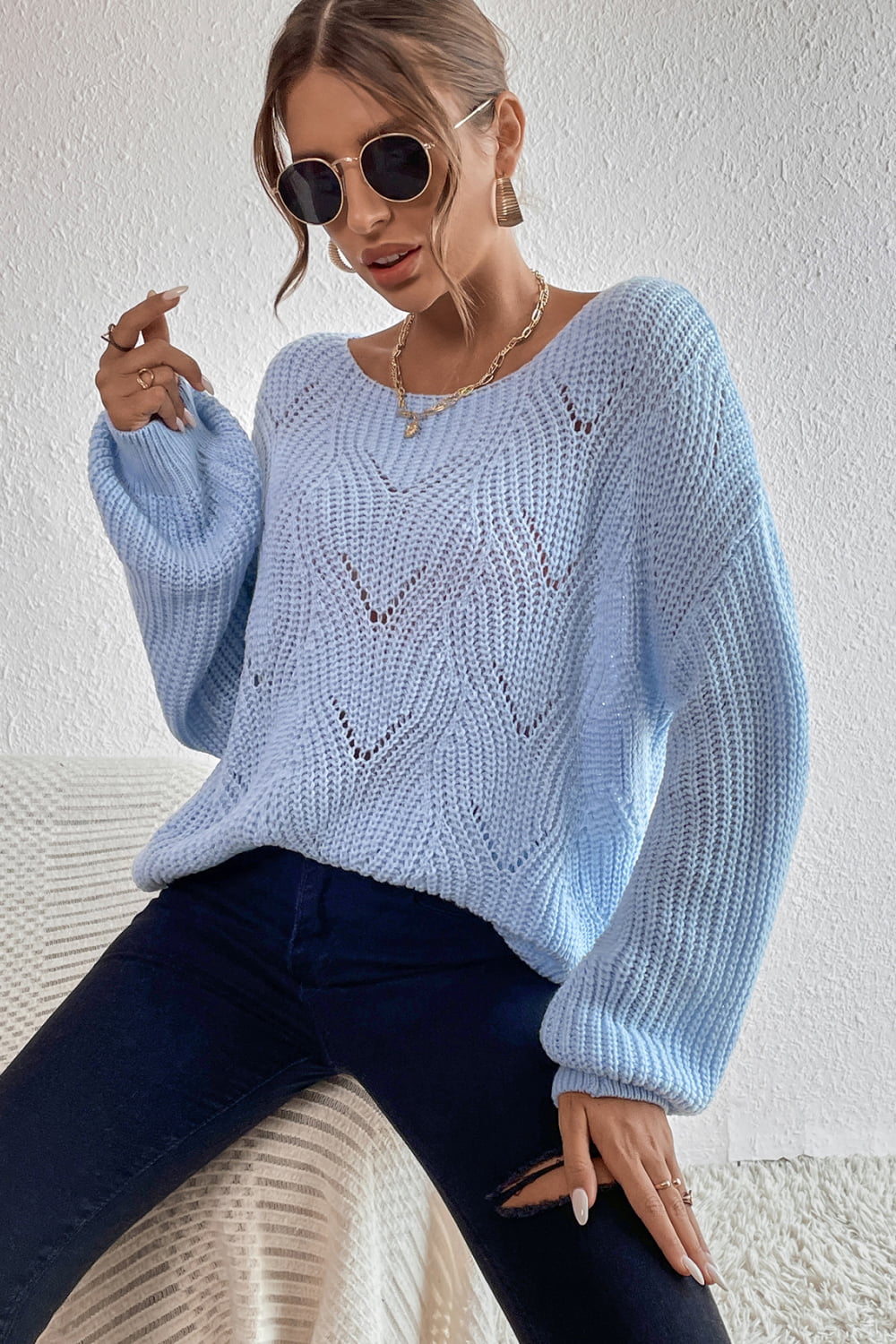 Boho Baby Blue Openwork Boat Neck Dropped Shoulder Sweater
