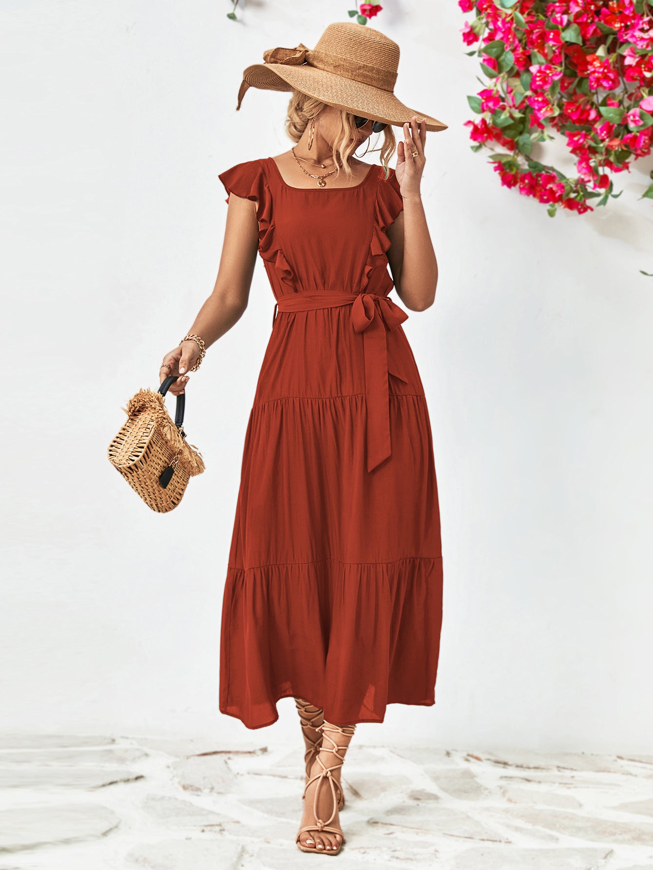 Evelyn Bohemian Tie Belt Ruffle Tier Midi Dress
