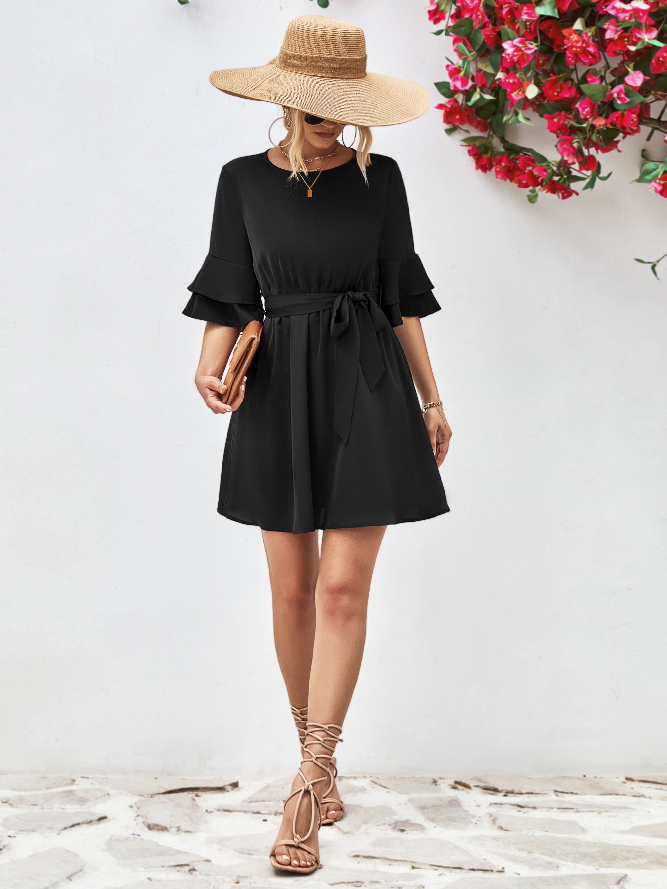 Charlie Round Neck Tie Belt Flounce Sleeve Dress
