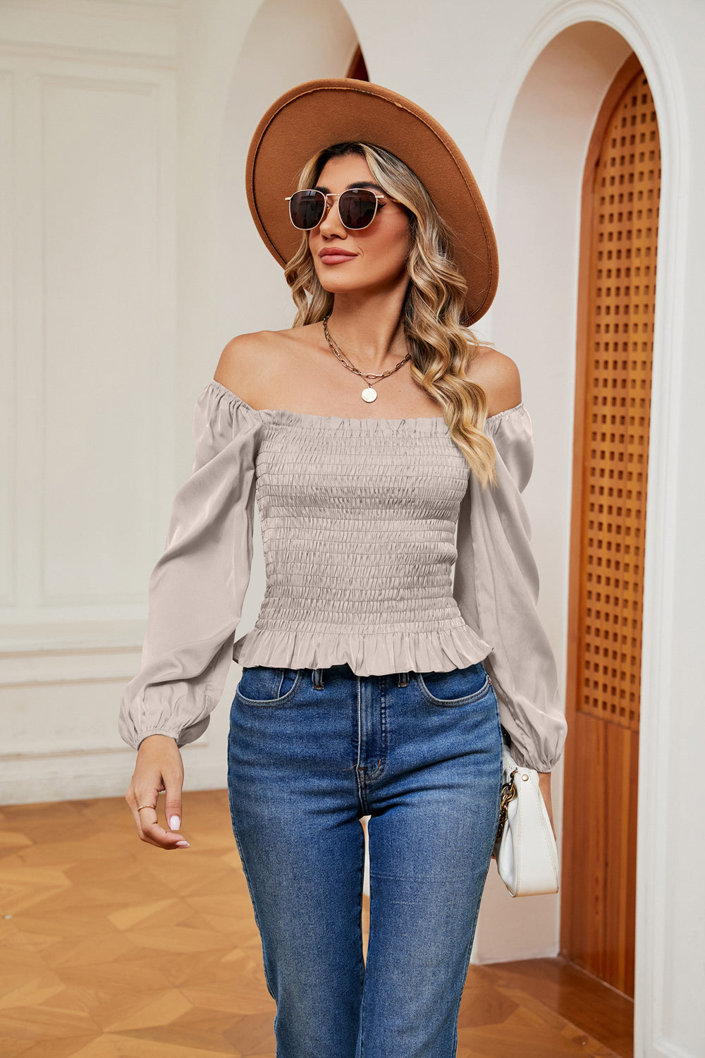Bohemian Smocked Off the Shoulder Ruffle Hem Blouse