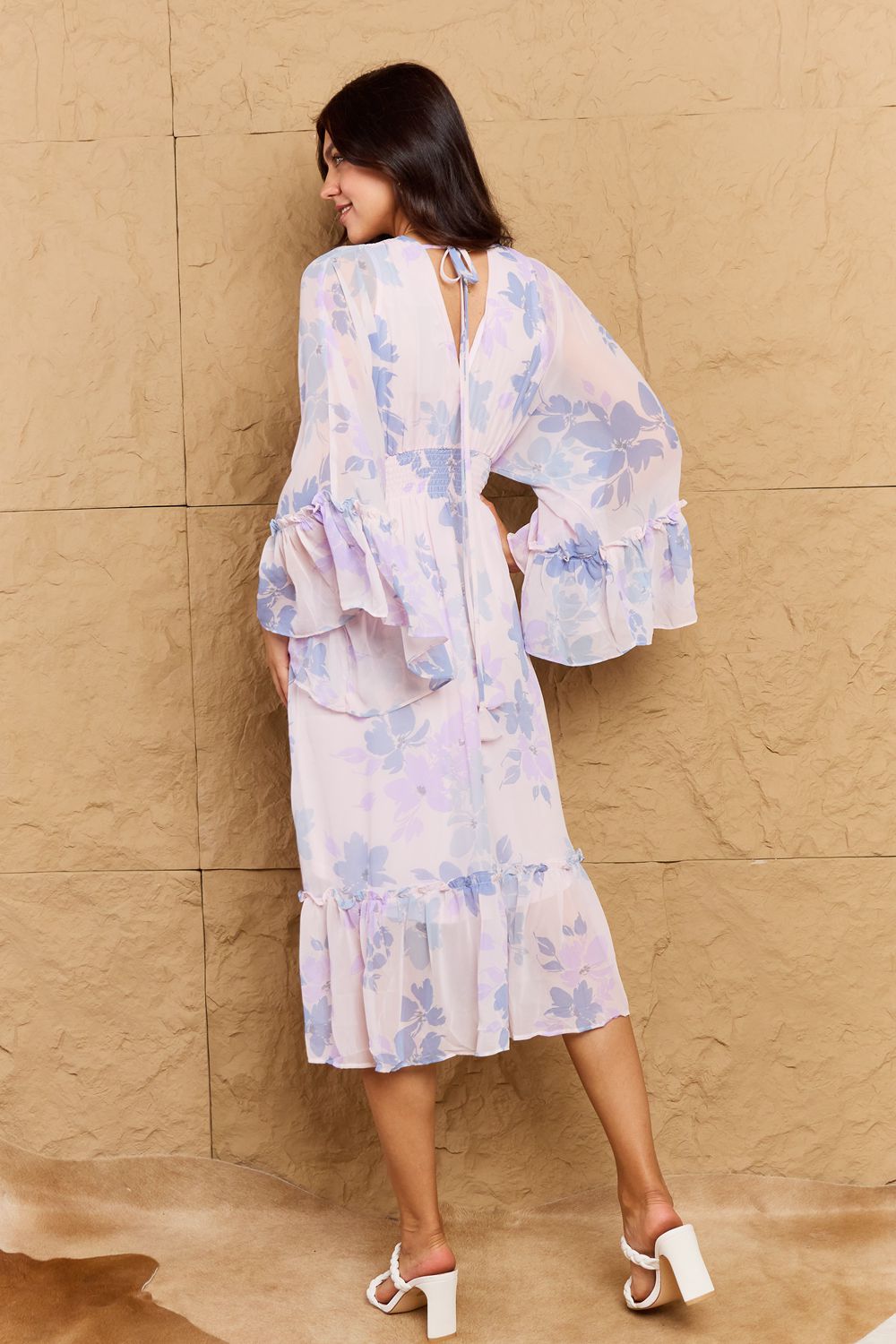 Bohemian OneTheLand Take Me With You Floral Bell Sleeve Midi Dress in Blue