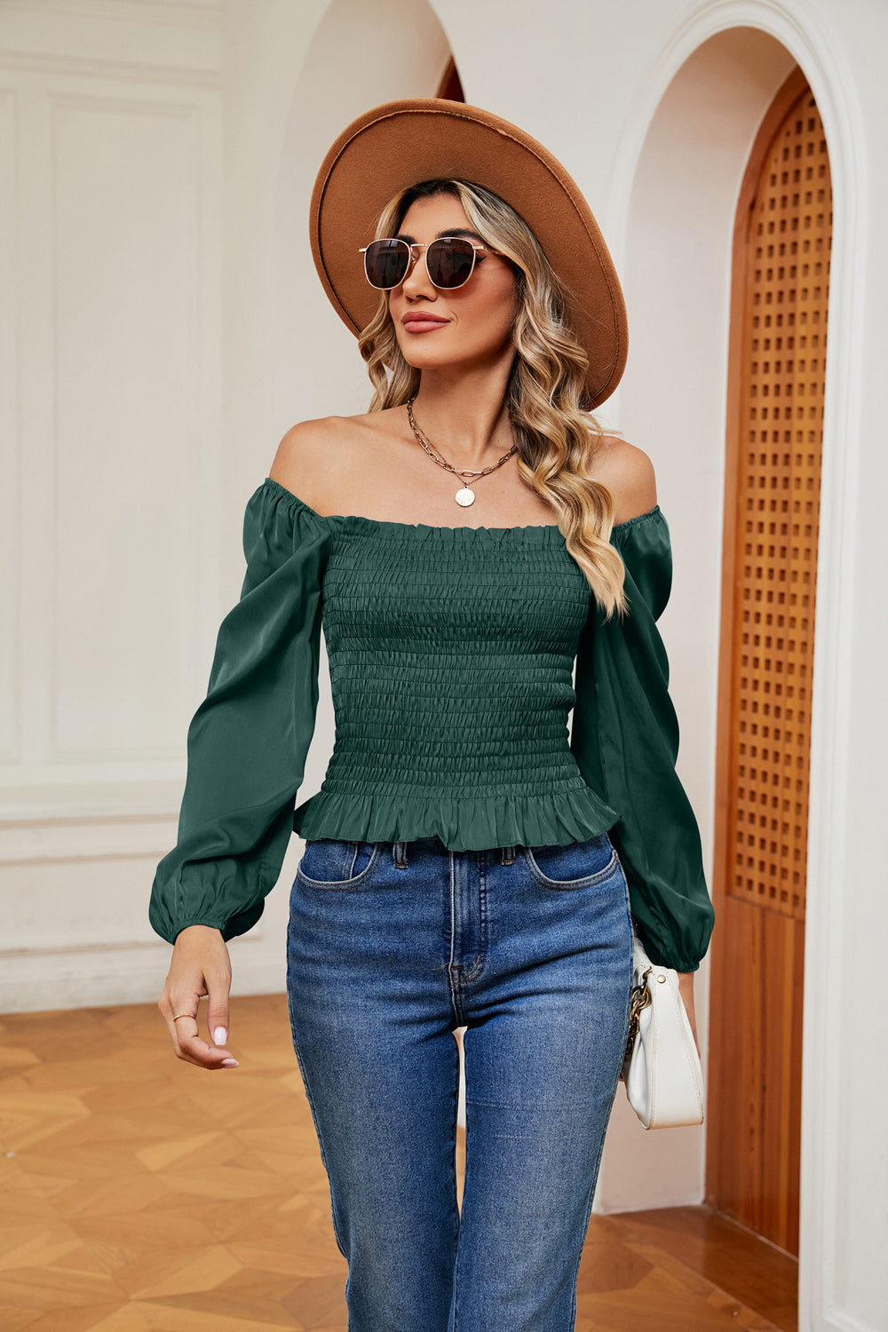Bohemian Smocked Off the Shoulder Ruffle Hem Blouse