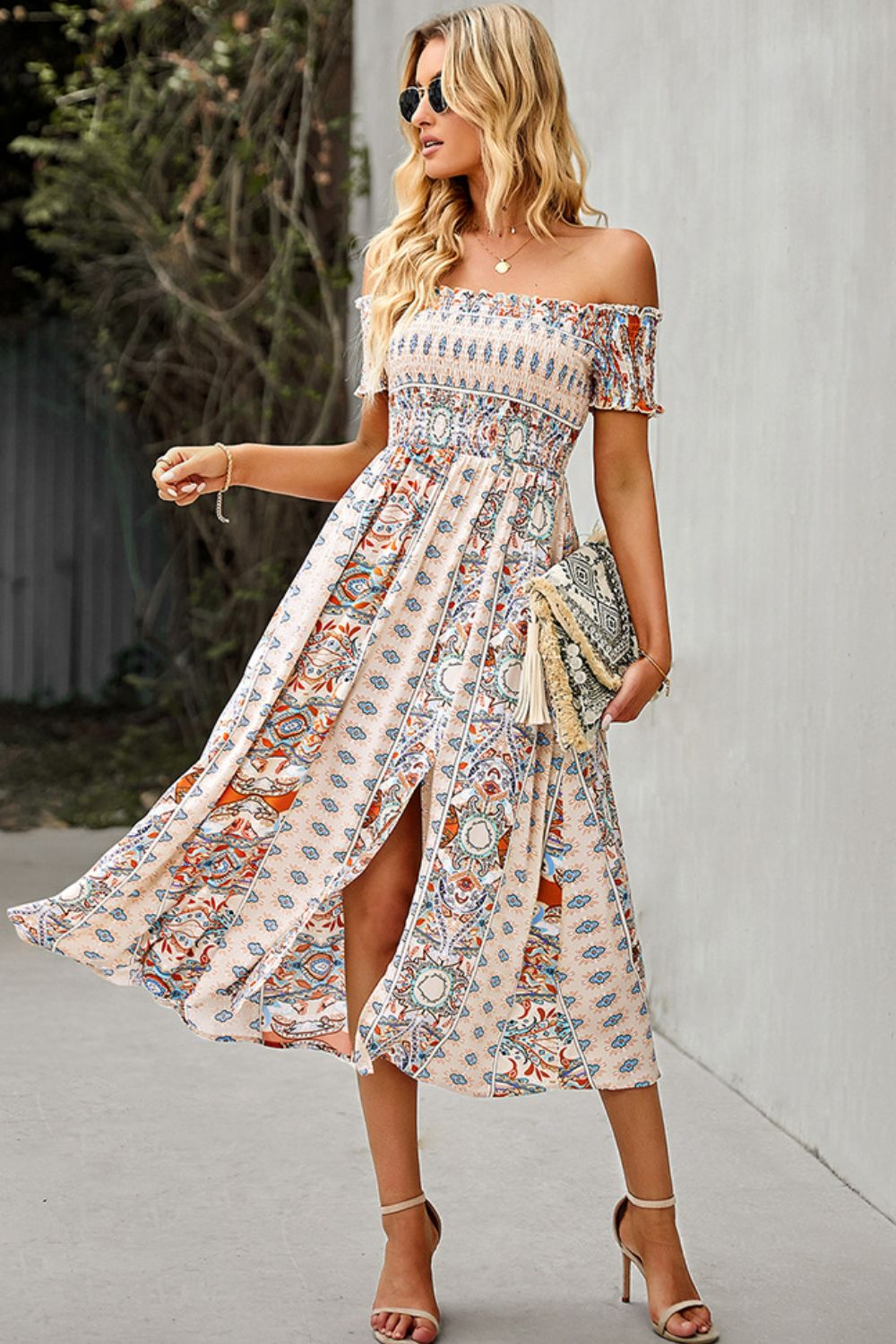 Bohemian Off-Shoulder Midi Frill Trim Split Dress