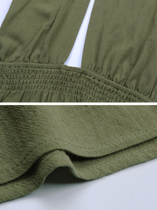 Olive Green Keyhole High Waist Ruffled Tier Mini Halter Dress