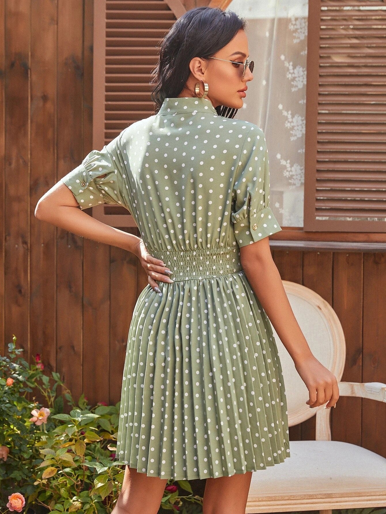 Amelia Bohemian Polka Dot Pleated Tie Neck Smocked Waist Dress