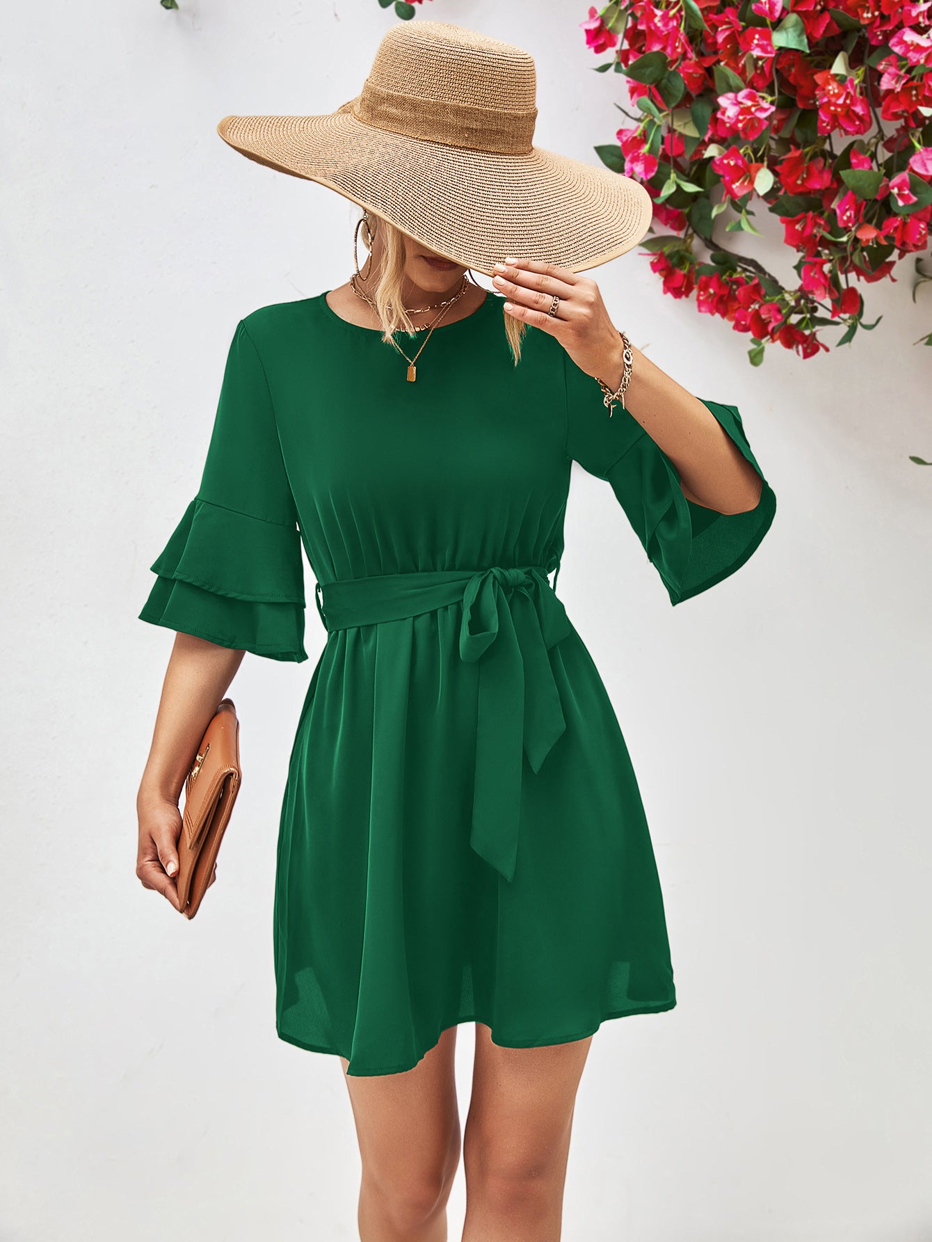 Charlie Round Neck Tie Belt Flounce Sleeve Dress
